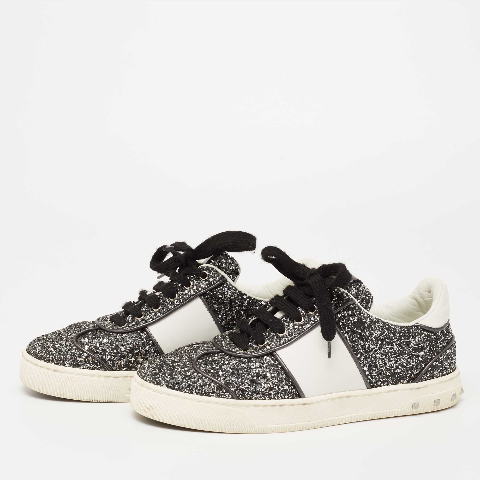 

Valentino Black/White Glitter and Leather Fly Crew Low Top Sneakers Size, Grey