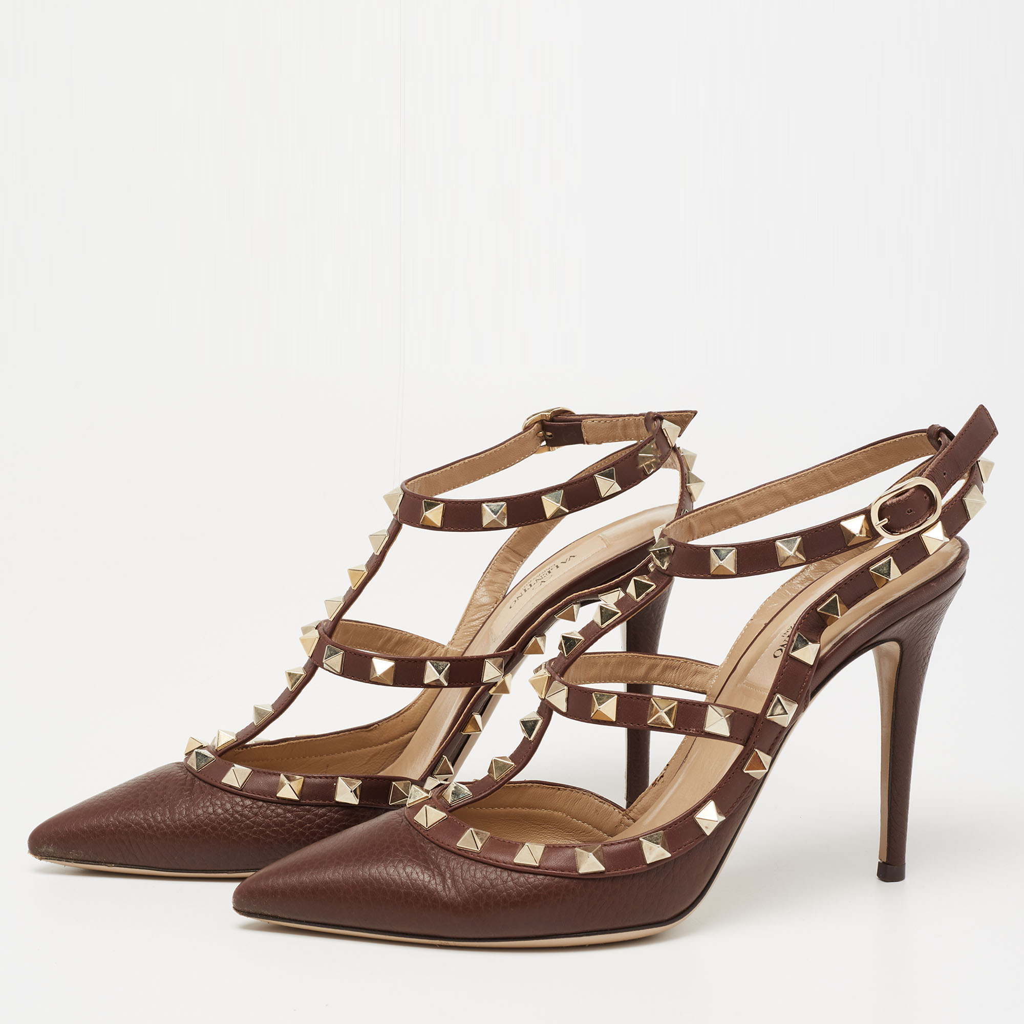 

Valentino Brown Leather Rockstud Ankle-Strap Pumps Size