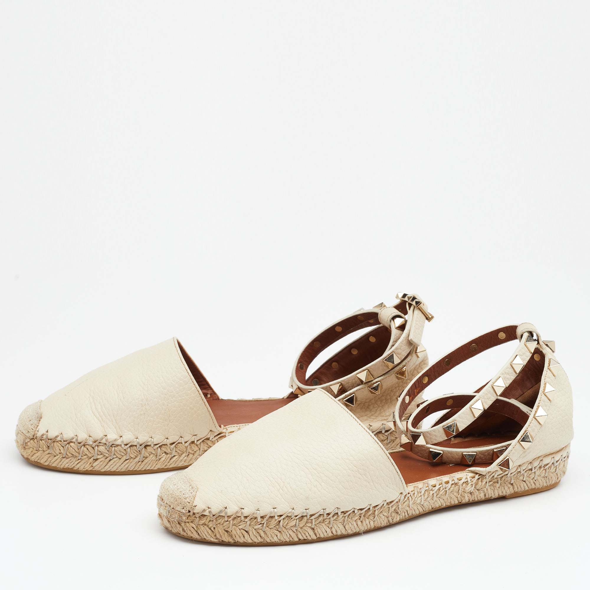 

Valentino Off White Leather Rockstud Espadrilles Flats Size