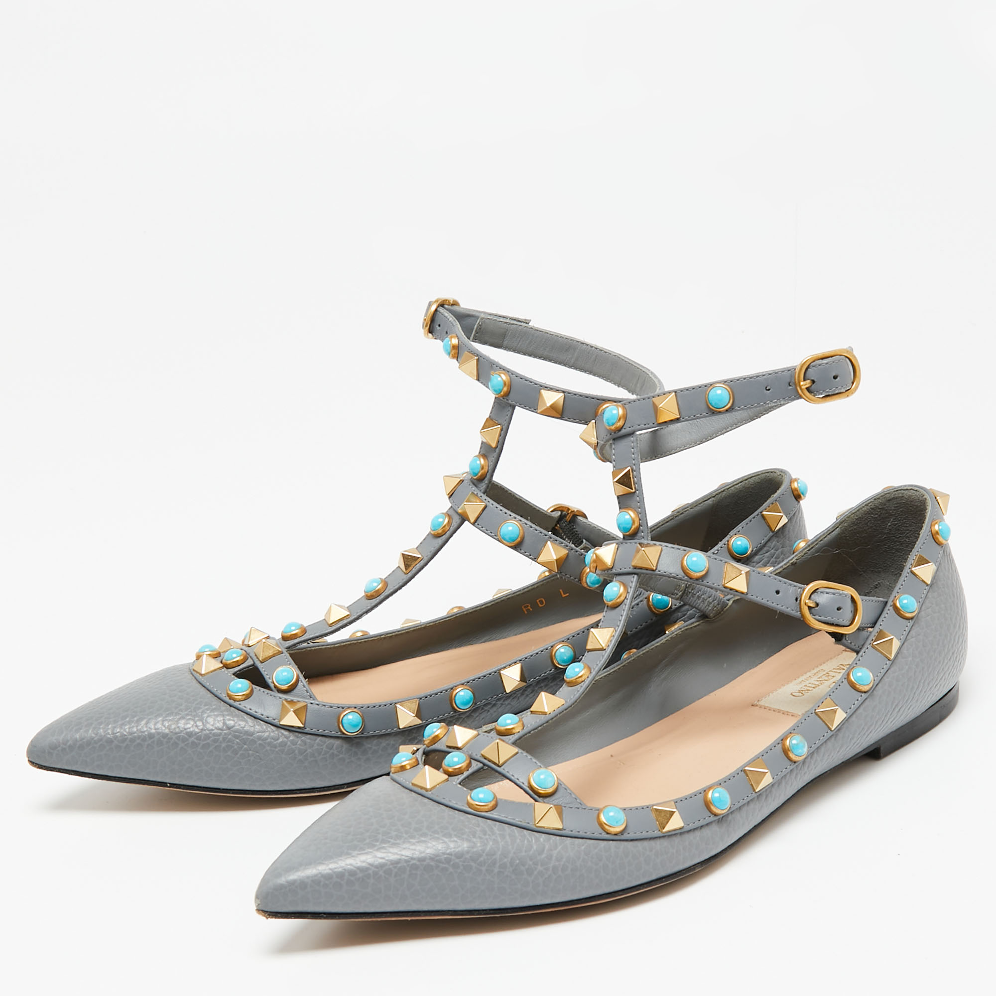 

Valentino Grey Leather Rolling Rockstud Ankle-Strap Ballet Flats Size