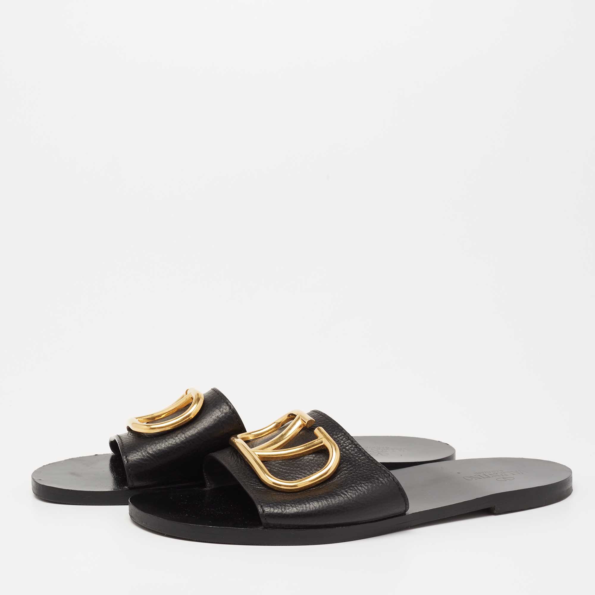 

Valentino Black Leather VLogo Flat Slides Size