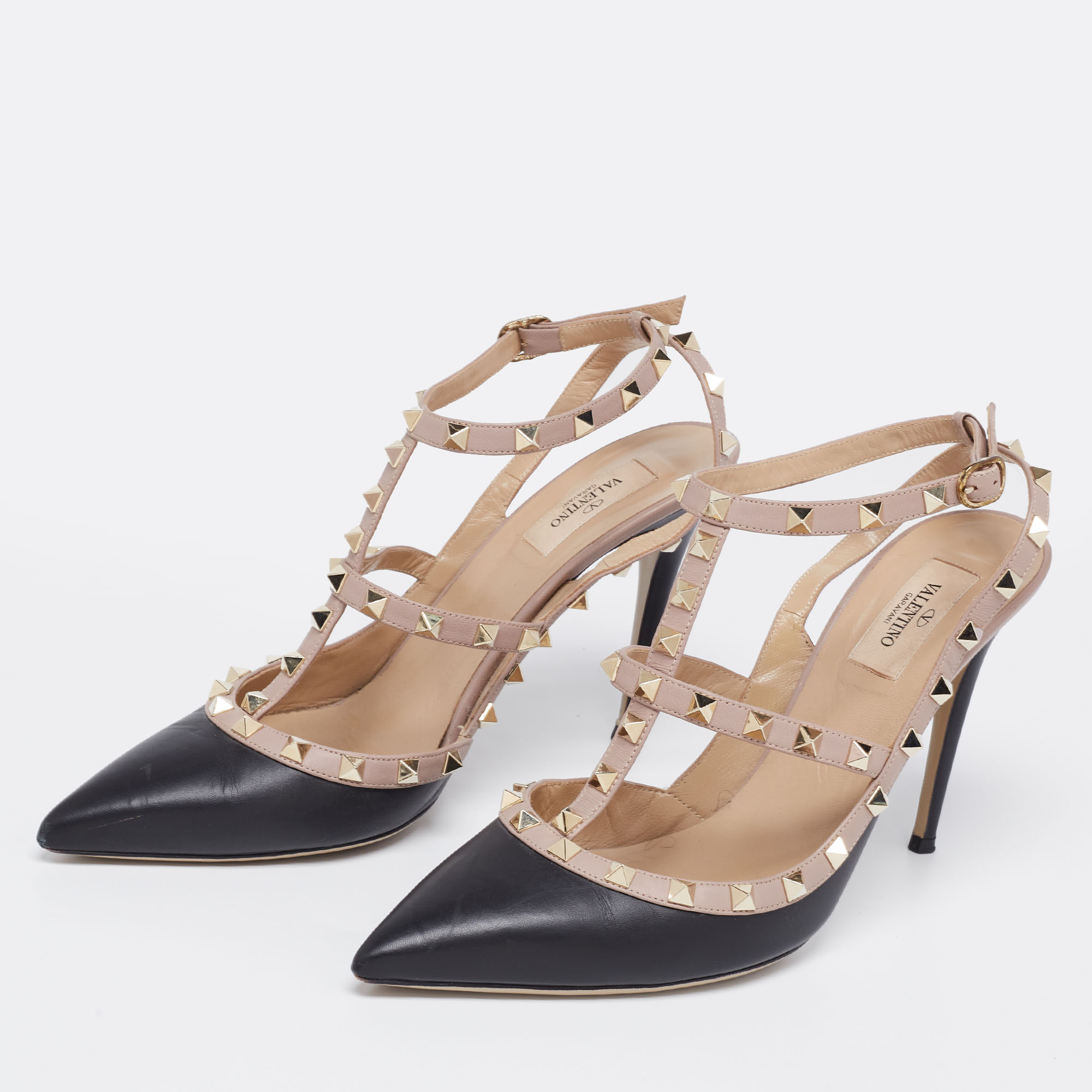 

Valentino Black/Beige Leather Rockstud Ankle Strap Sandals Size