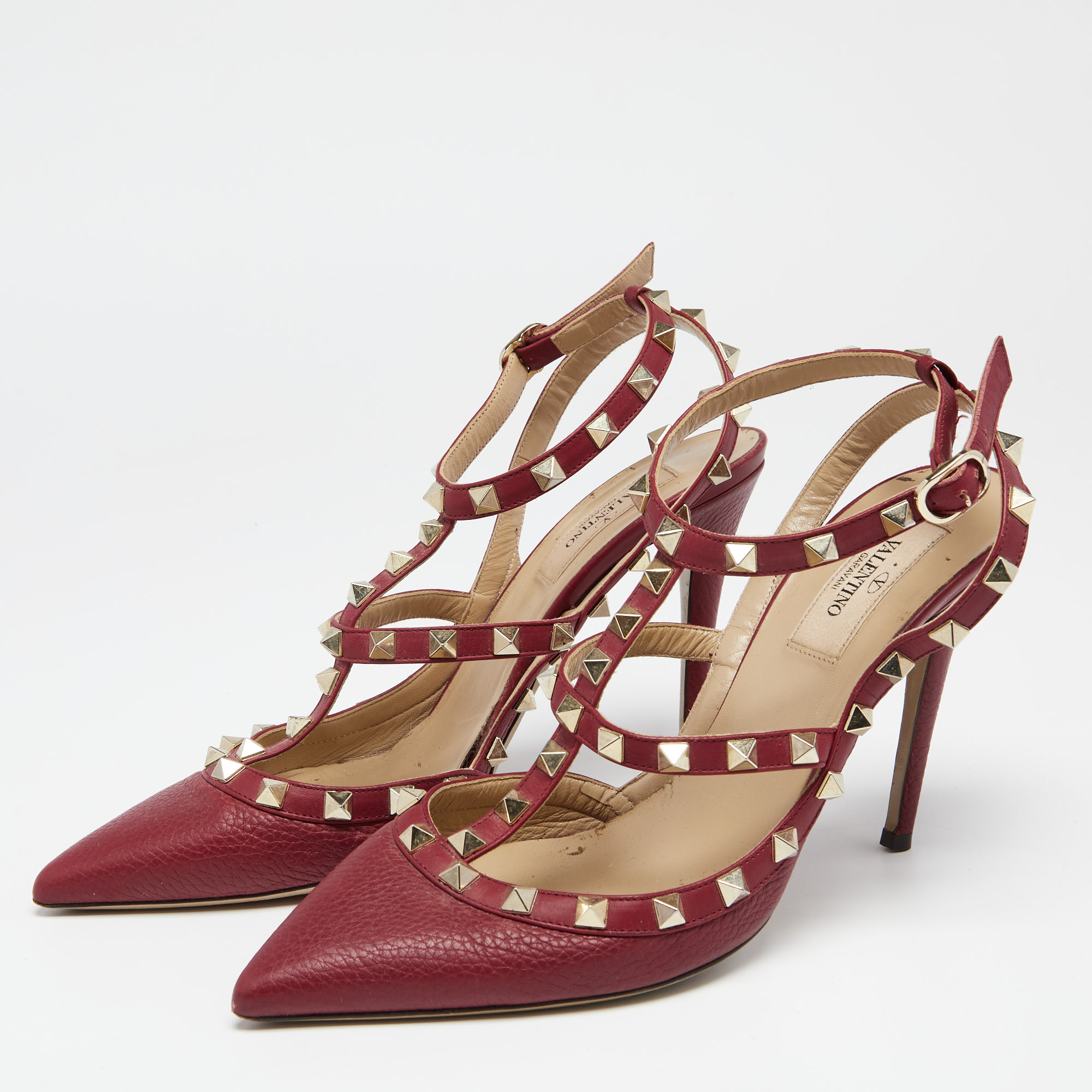 

Valentino Red Leather Rockstud Pointed Toe Ankle Strap Caged Sandals Size