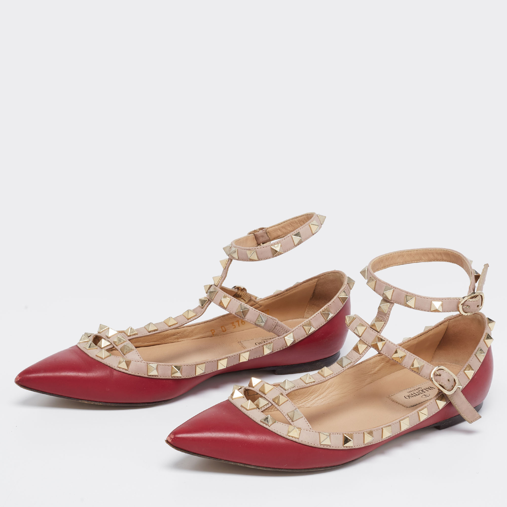

Valentino Burgundy/Pink Leather Rockstud Ankle-Strap Ballet Flats Size