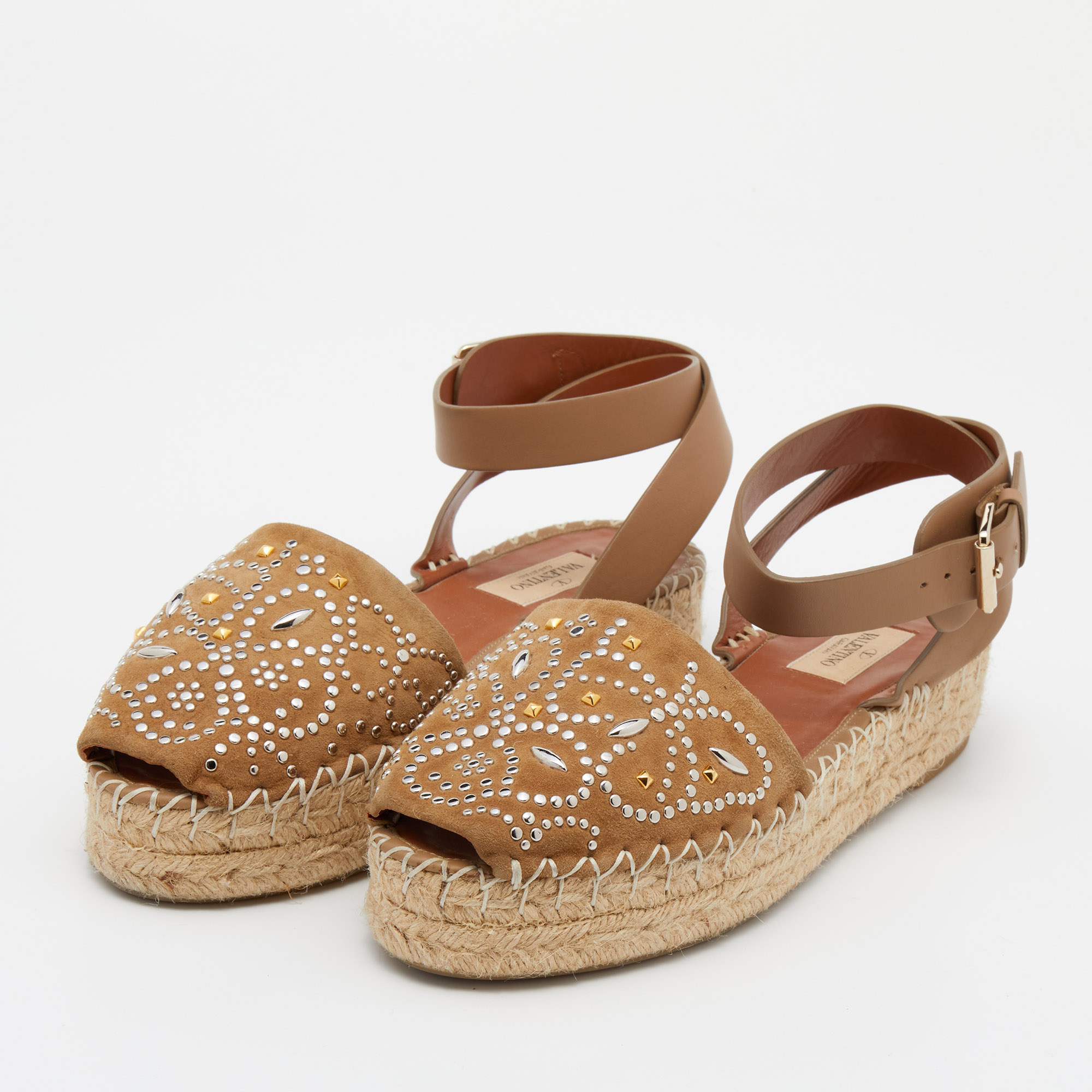 

Valentino Brown Embellished Suede Peep-Toe Ankle-Strap Platform Espadrilles Size