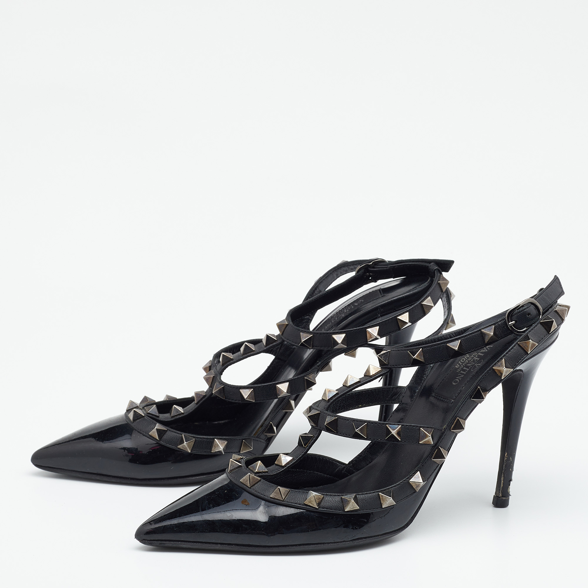 

Valentino Black Patent Leather and Leather Rockstud Ankle Strap Pumps Size