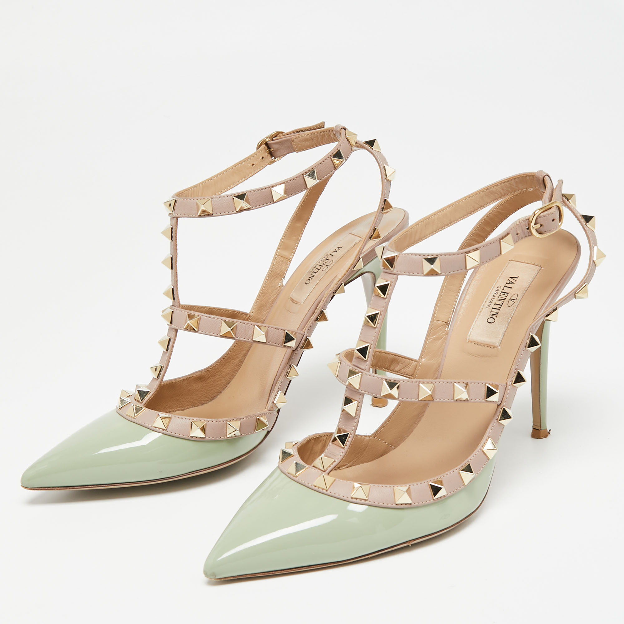 

Valentino Mint Green/Pink Patent and Leather Rockstud Ankle-Strap Pumps Size