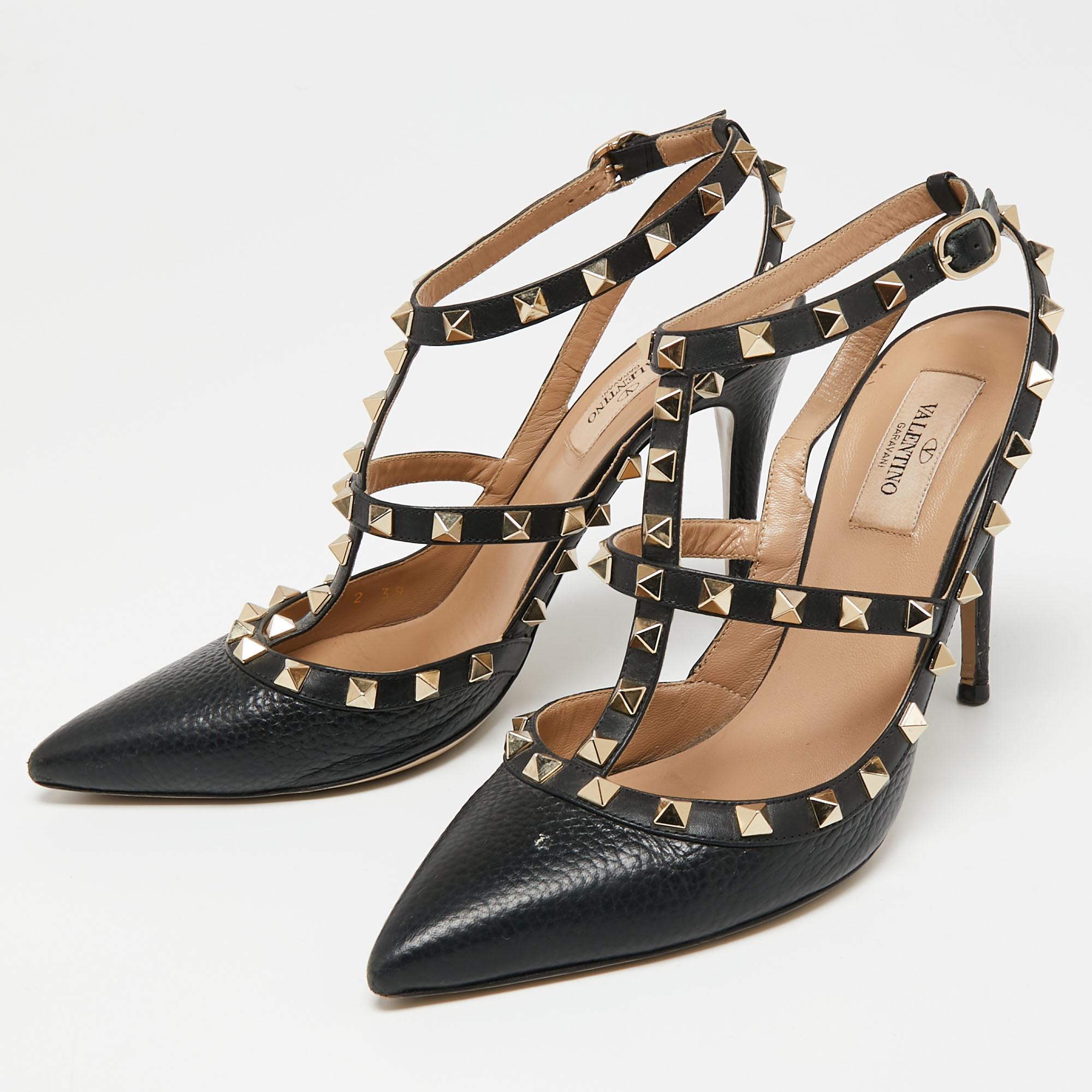 

Valentino Black Leather Rockstud Pointed Toe Ankle Strap Sandals Size