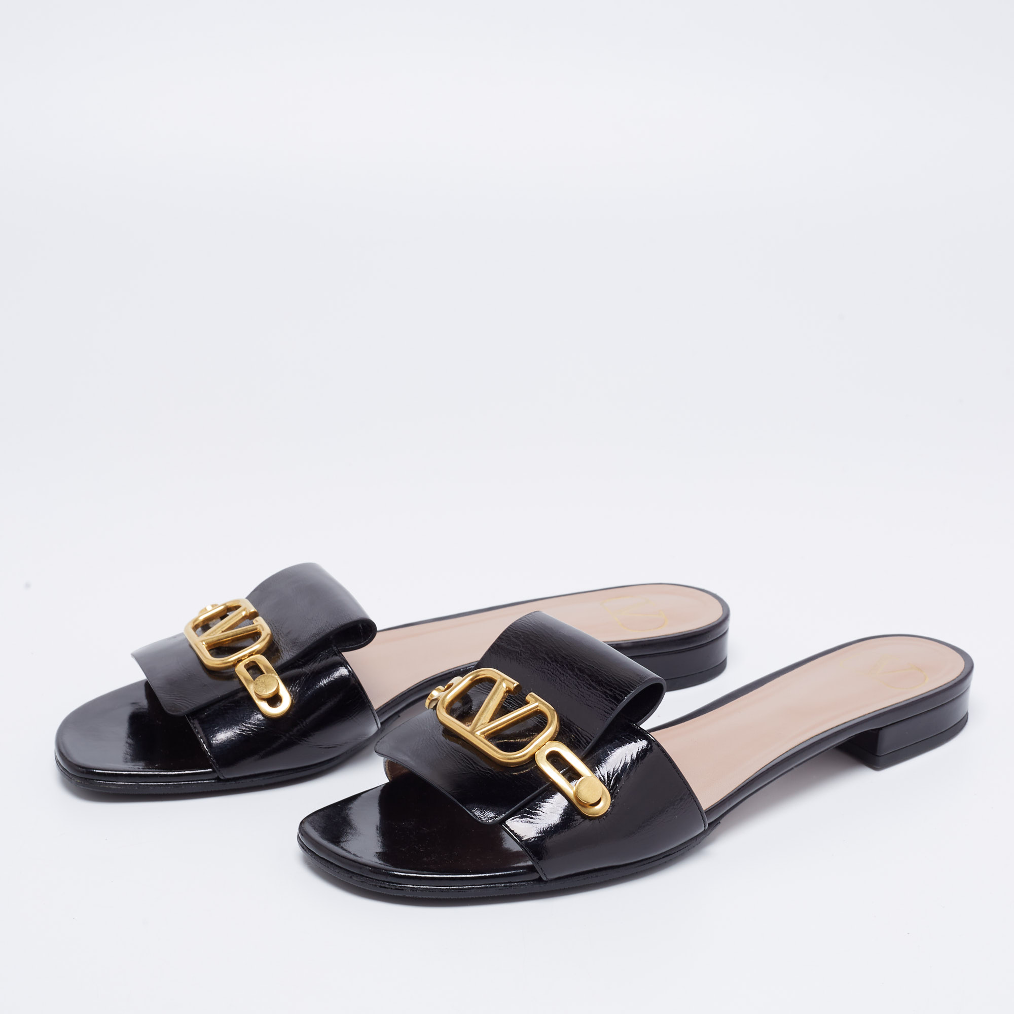 

Valentino Black Patent Leather VLogo Slide Sandals Size
