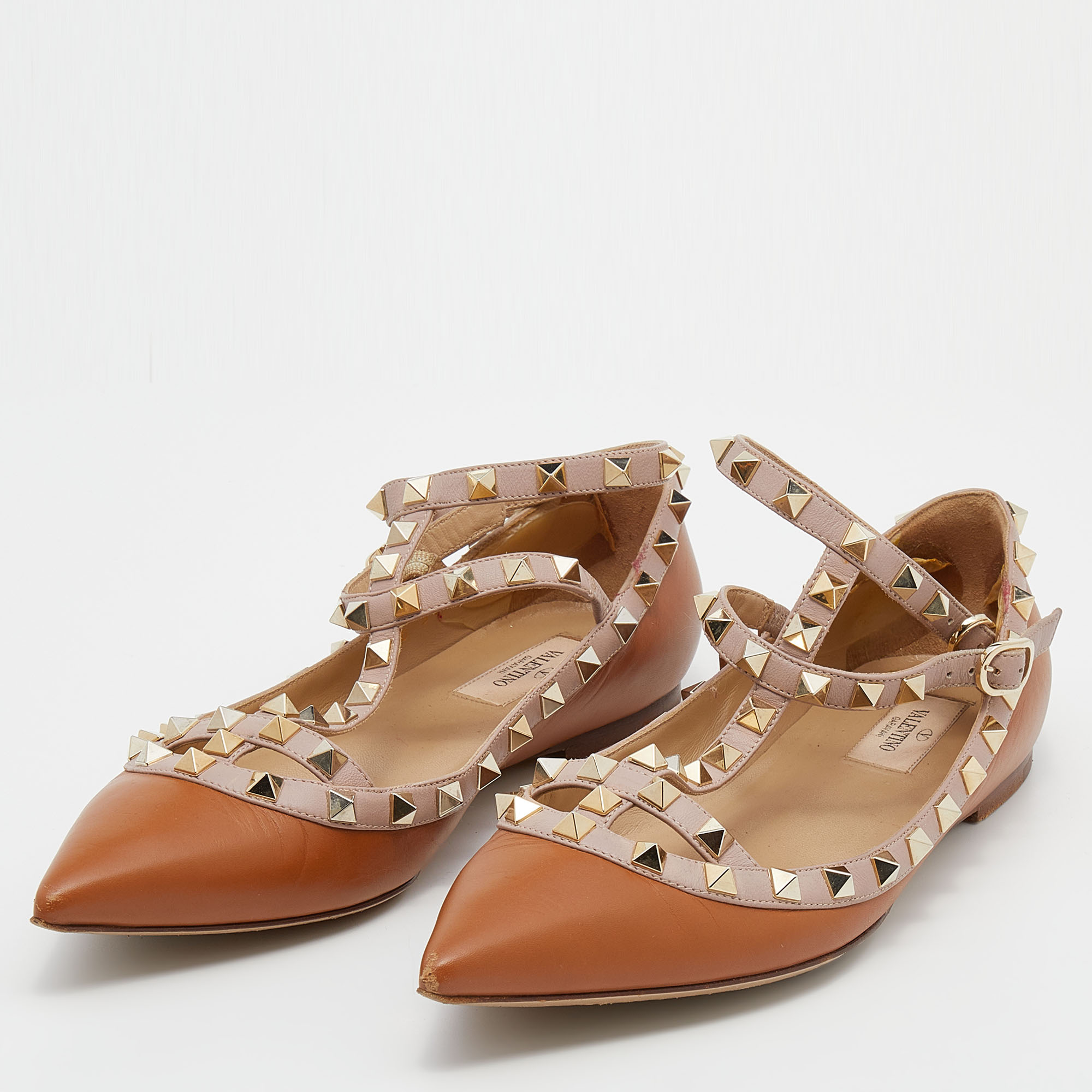 

Valentino Tan/Beige Leather Rockstud Ankle Strap Ballet Flats Size