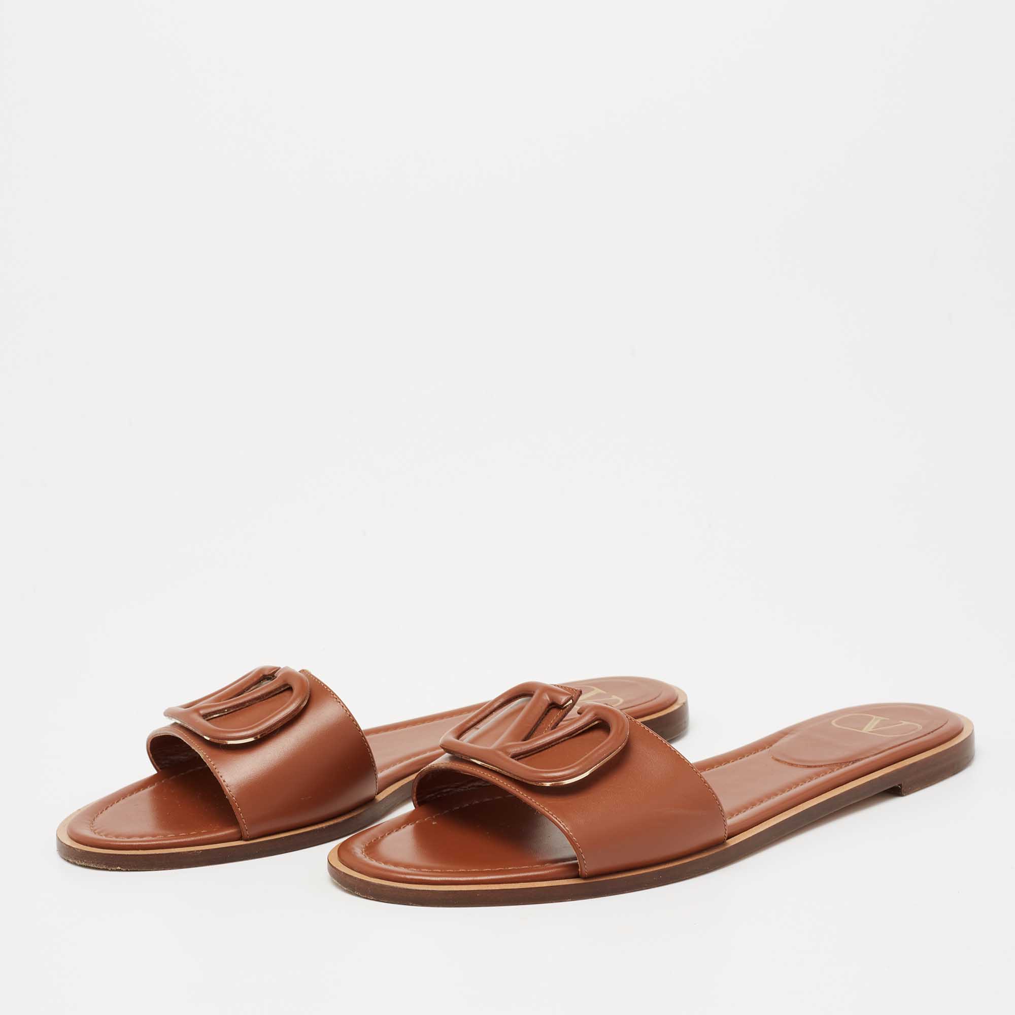 

Valentino Brown Leather V Logo Flat Slides Size