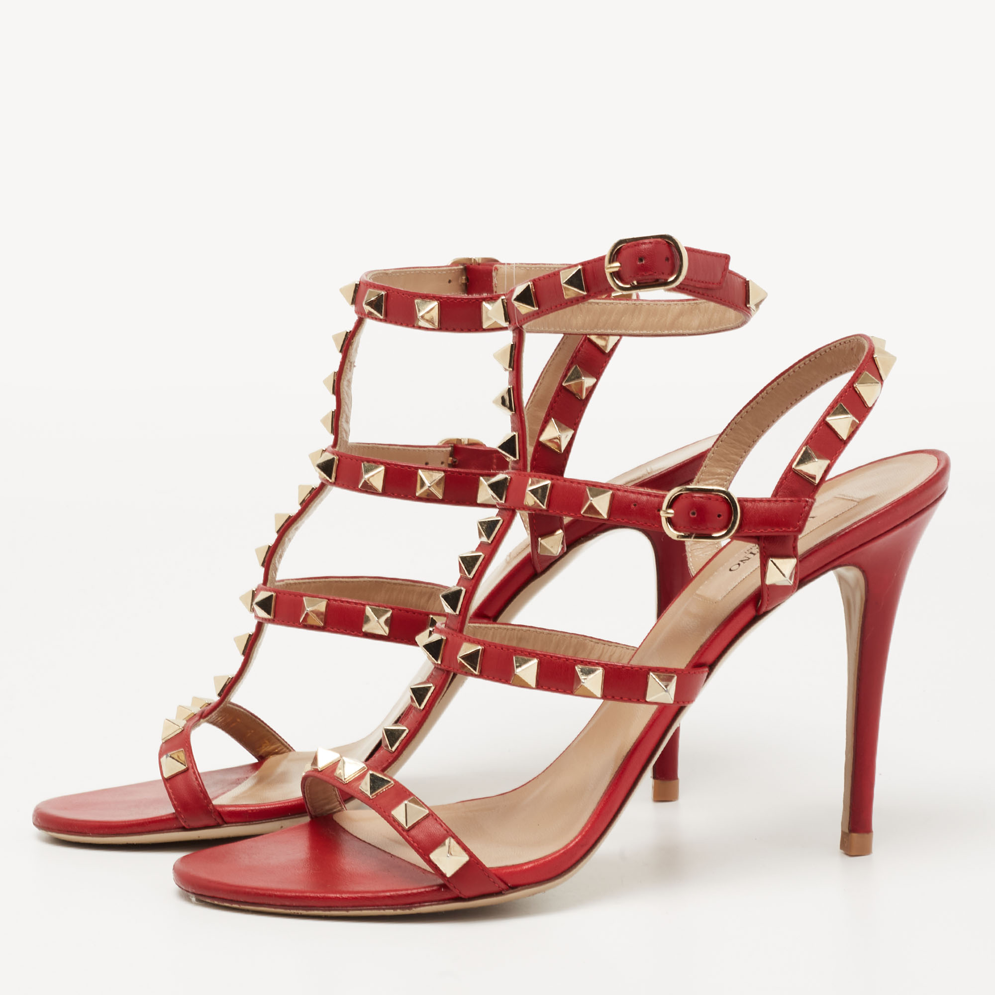 

Valentino Red Leather Rockstud Caged Ankle Strap Sandals Size