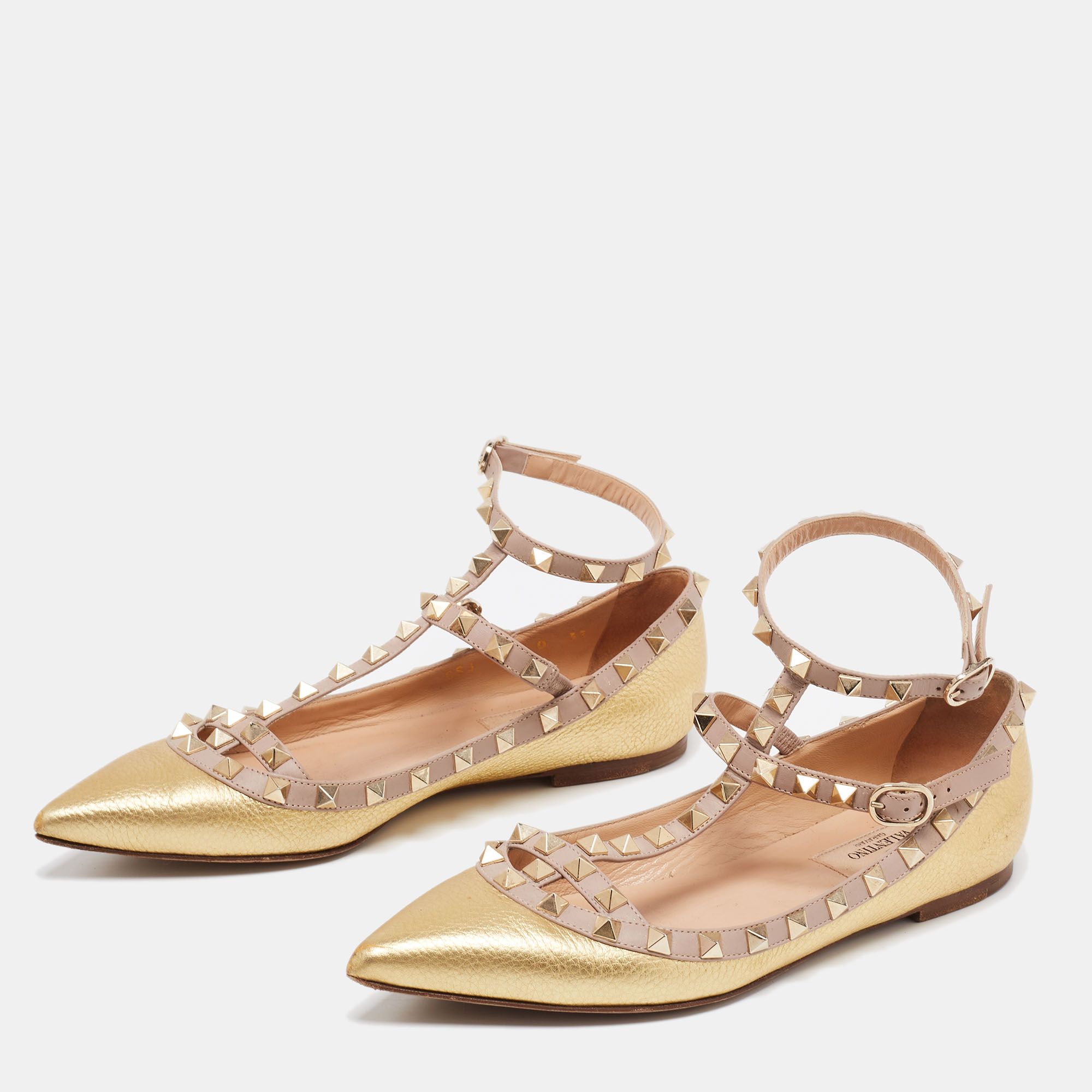 

Valentino Metallic Gold/Beige Leather Rockstud Ankle Strap Ballet Flats Size