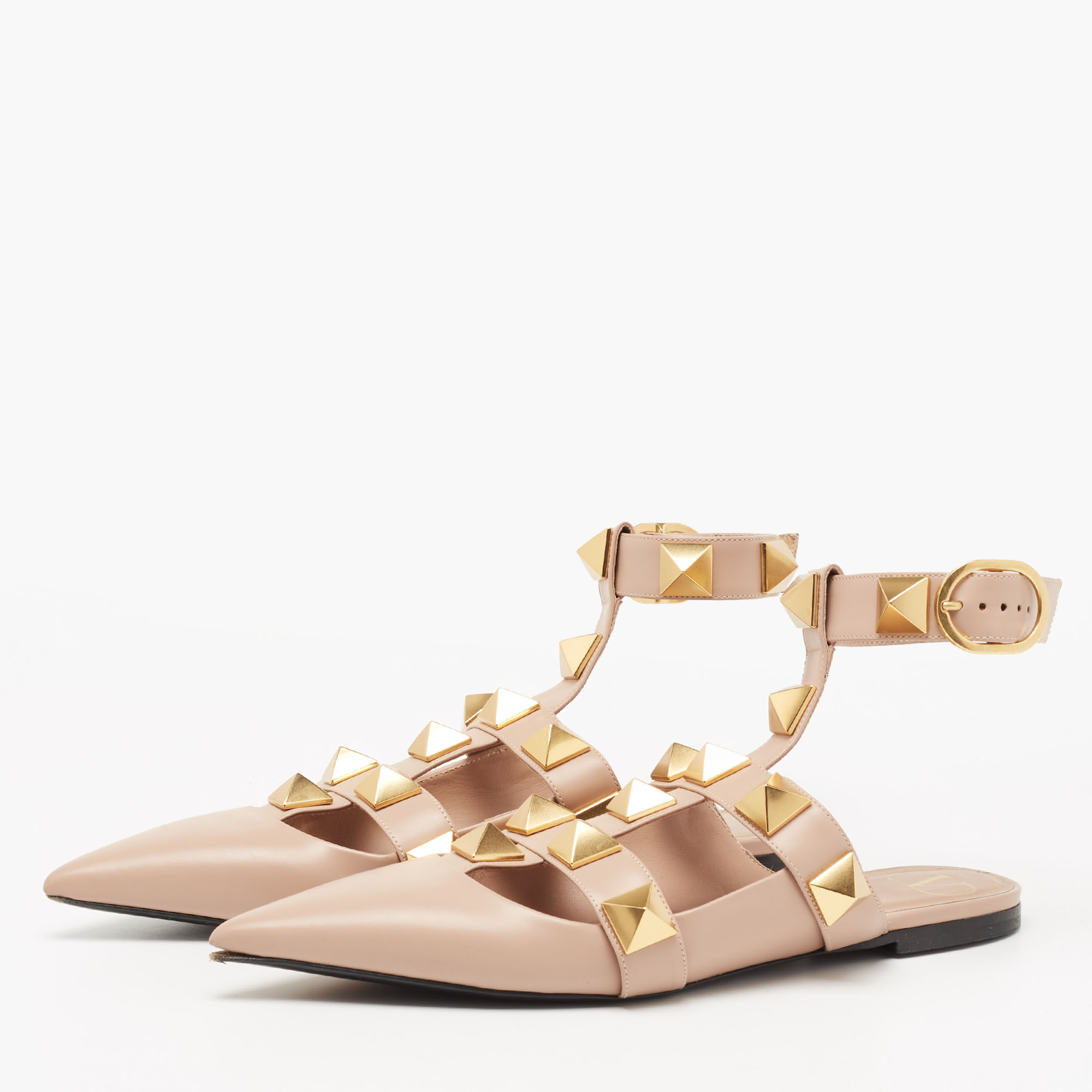 

Valentino Beige Leather Roman Stud Pointed-Toe Ankle-Strap Flats Size