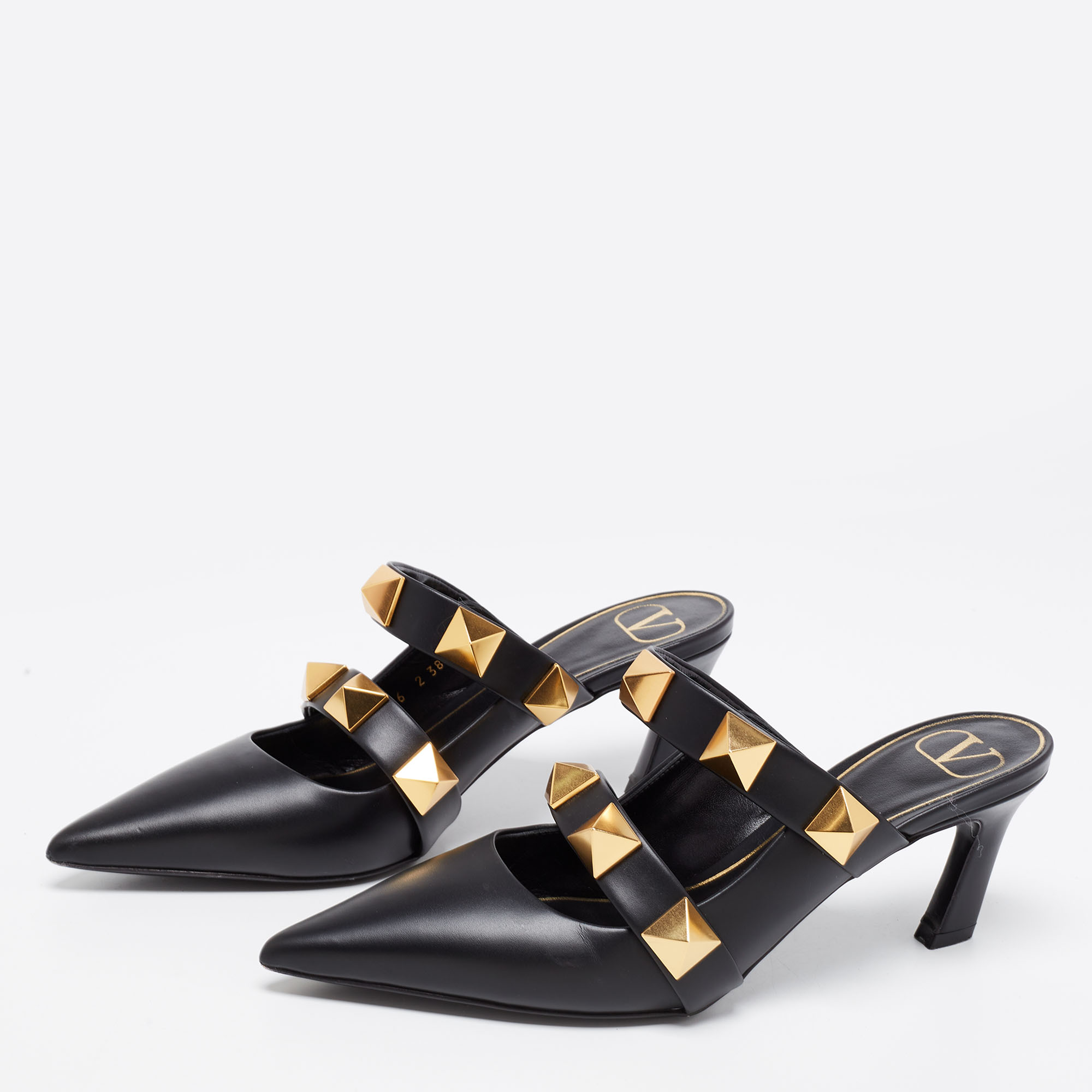 

Valentino Black Leather Pointed Toe Roman Stud Mules Size