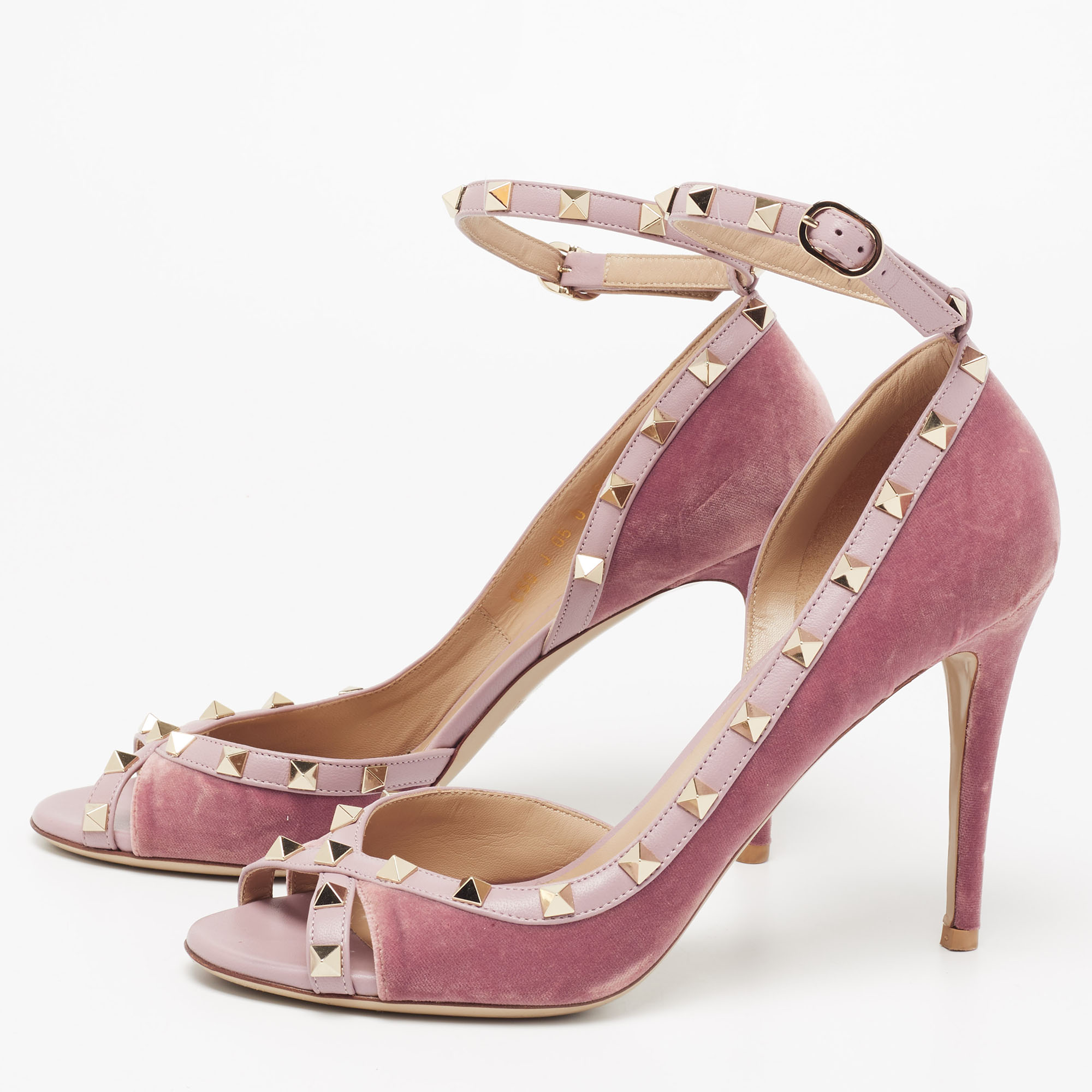 

Valentino Two-Tone Velvet and Leather Rockstud Open-Toe Ankle-Strap Pumps Size, Pink