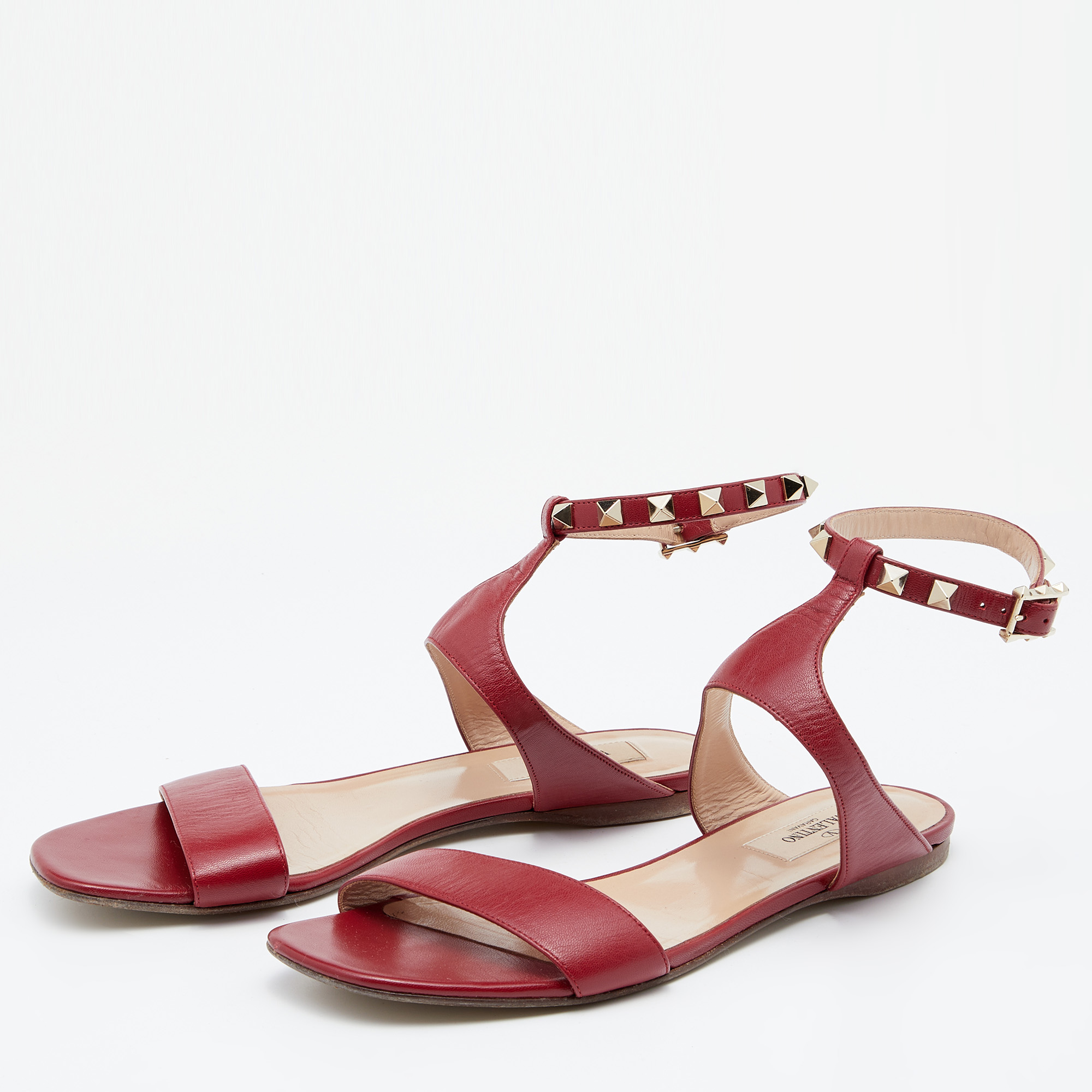 

Valentino Red Leather Rockstud Ankle Strap Flat Sandals Size