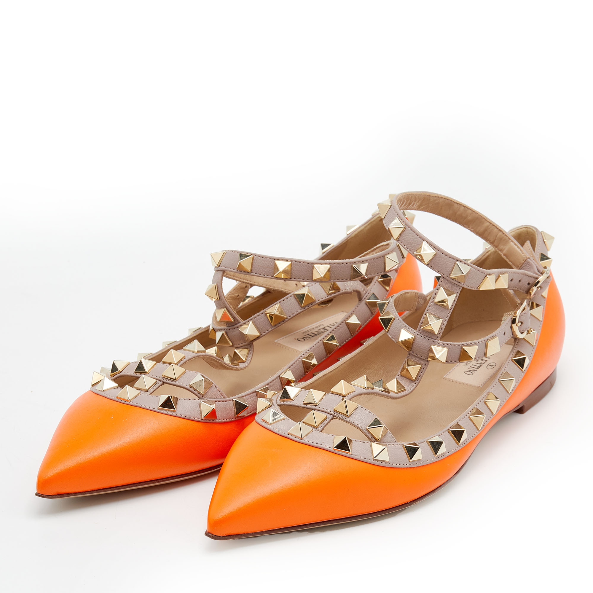 

Valentino Neon Orange/Pink Leather Rockstud Ankle Strap Ballet Flats Size