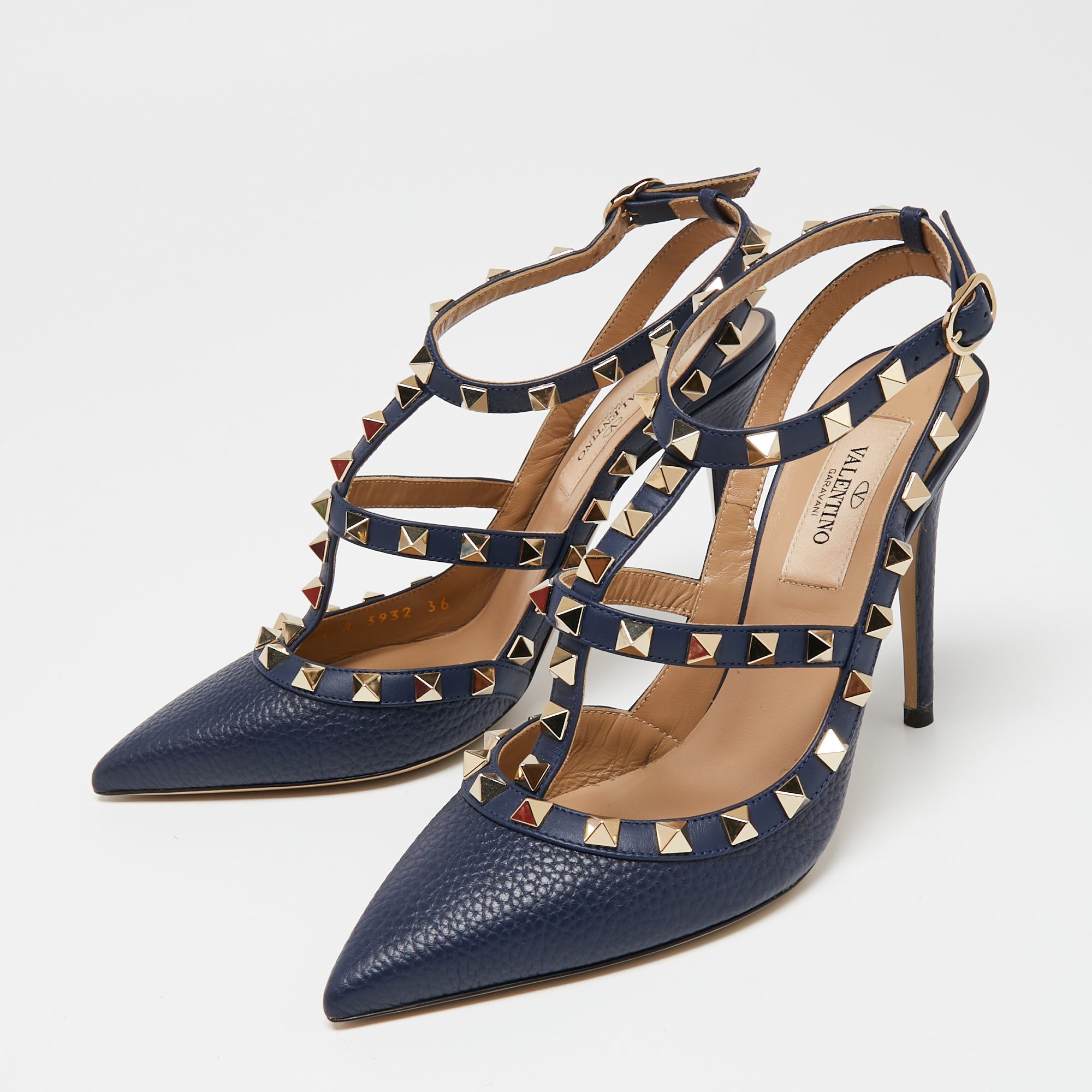 

Valentino Navy Blue Leather Rockstud Ankle-Strap Pumps Size