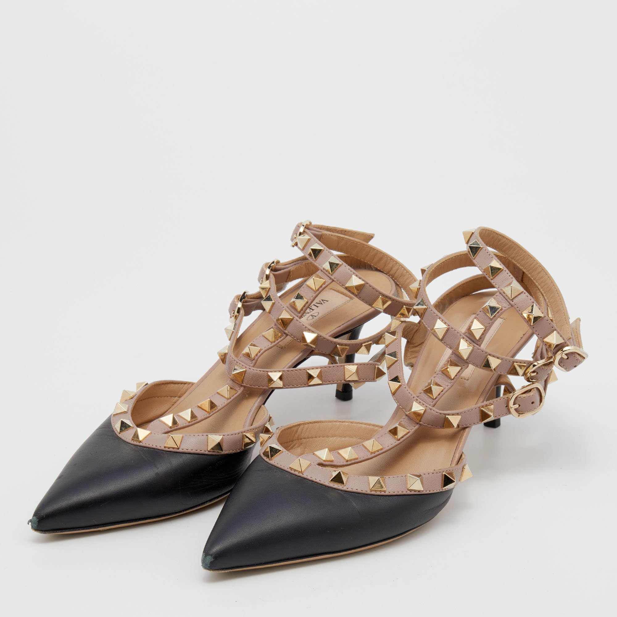 

Valentino Black/Beige Leather Rockstud Caged Ankle Strap Sandals Size