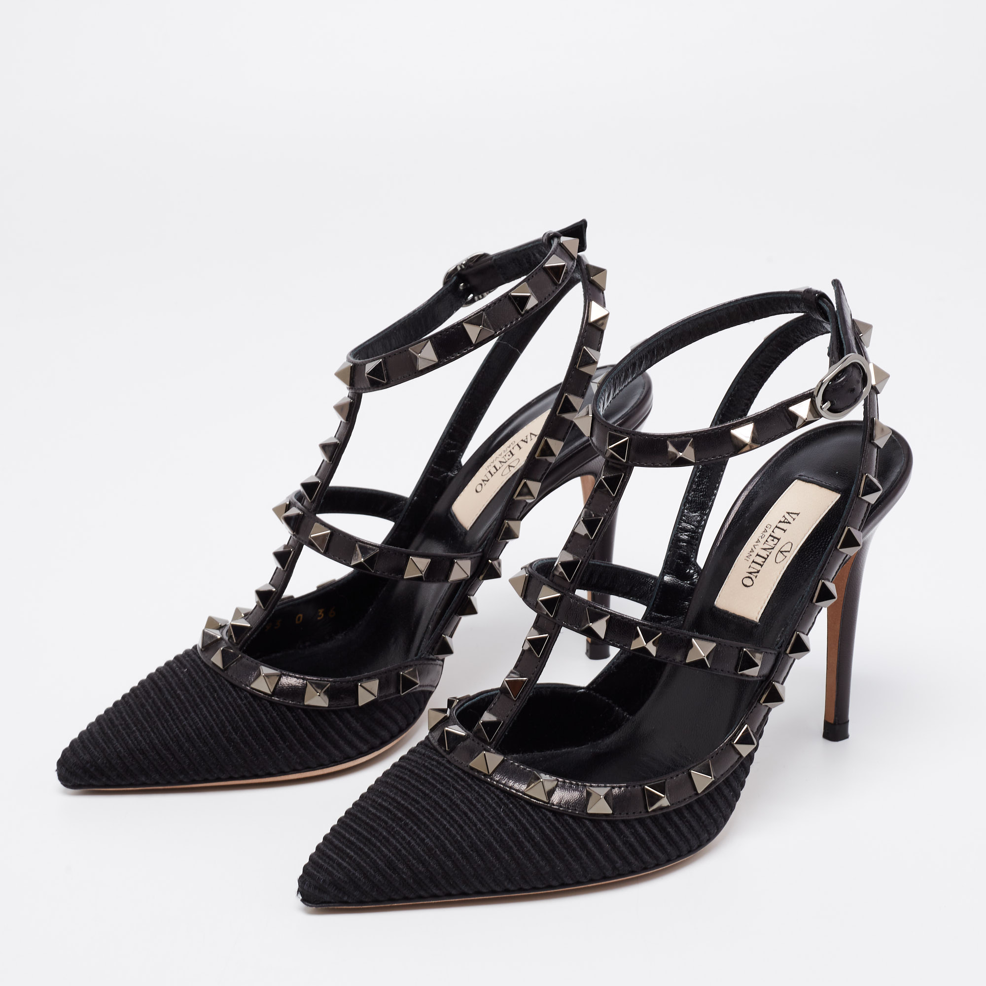 

Valentino Black Fabric and Leather Rockstud Ankle-Strap Pumps Size