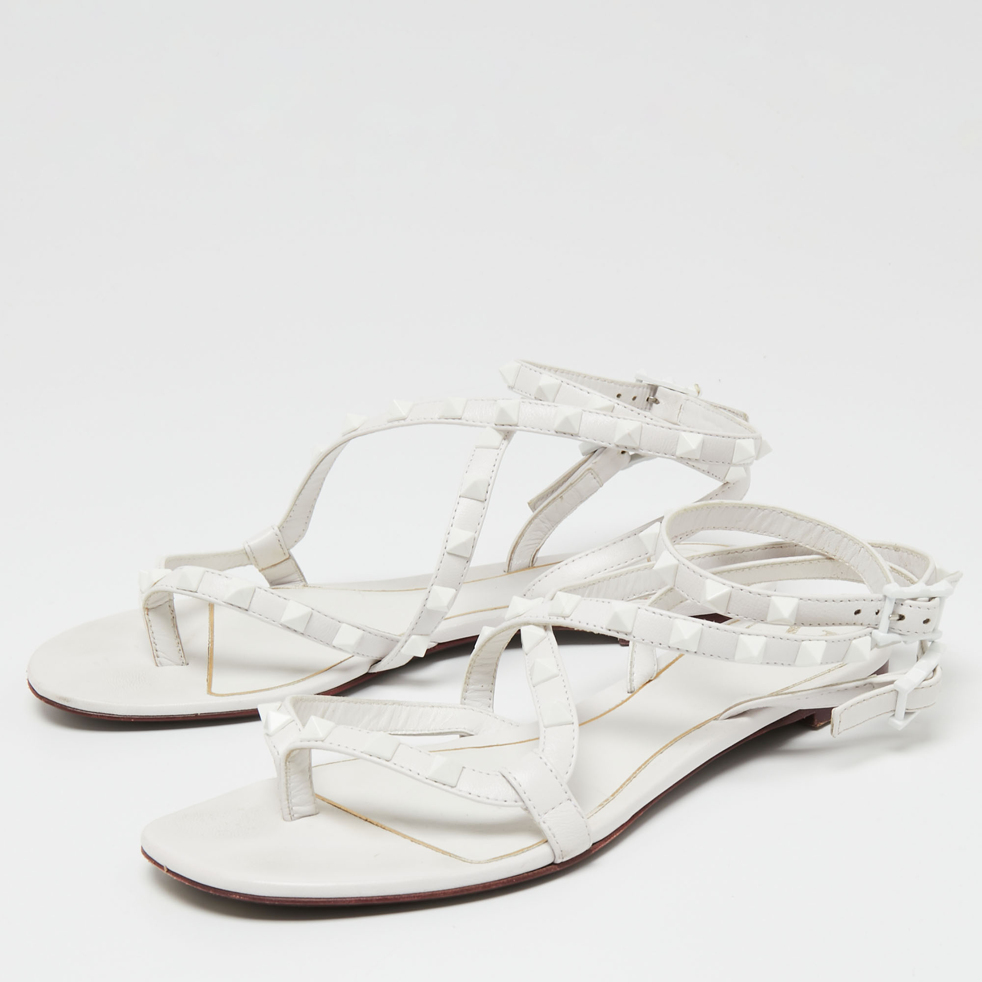 

Valentino White Leather Rockstud Ankle Wrap Flat Sandals Size