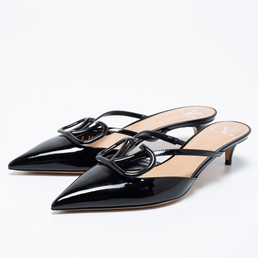 

Valentino Black Patent Leather VLogo Signature Pointed-Toe Mule Sandals Size