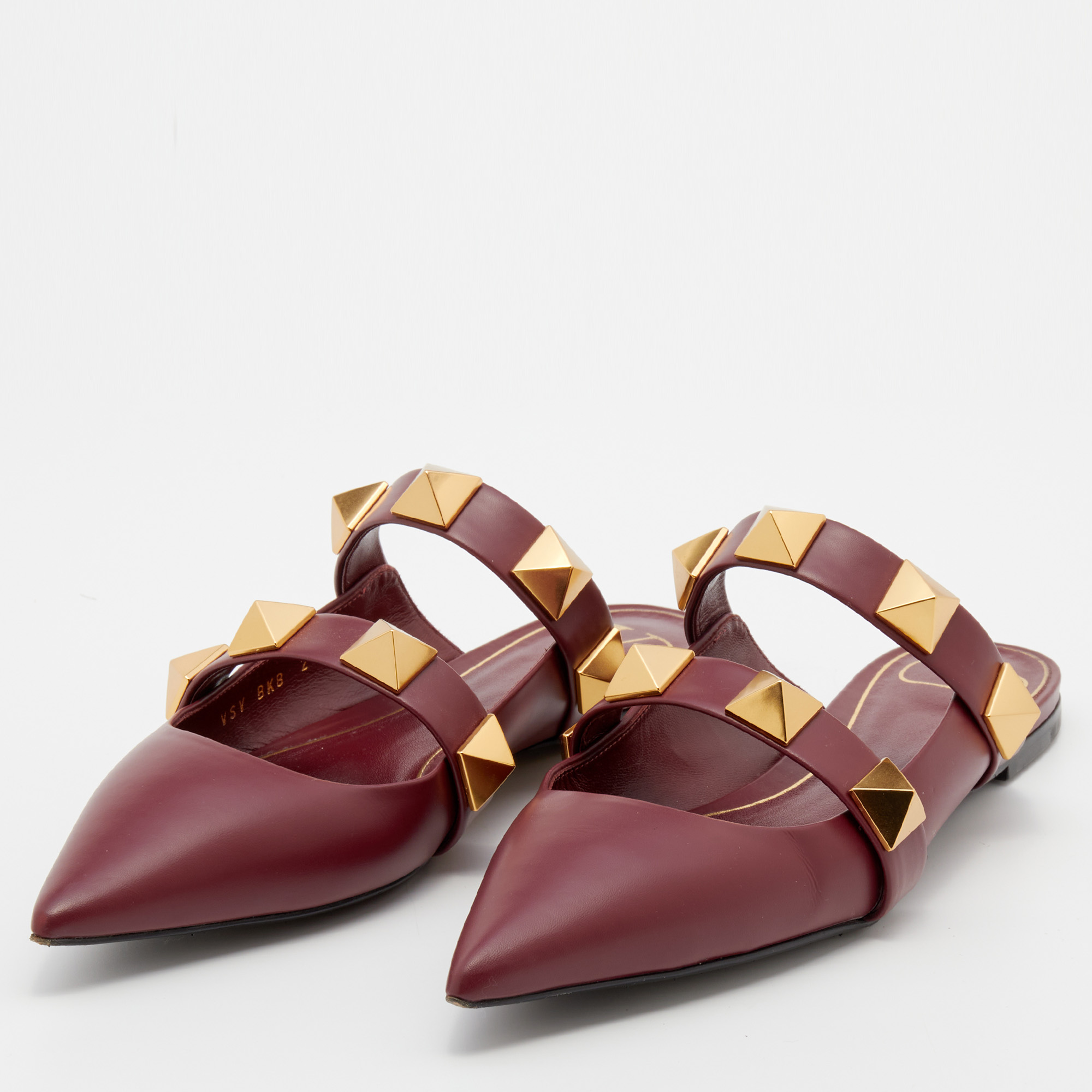 

Valentino Burgundy Leather Roman Stud Flat Mules Size