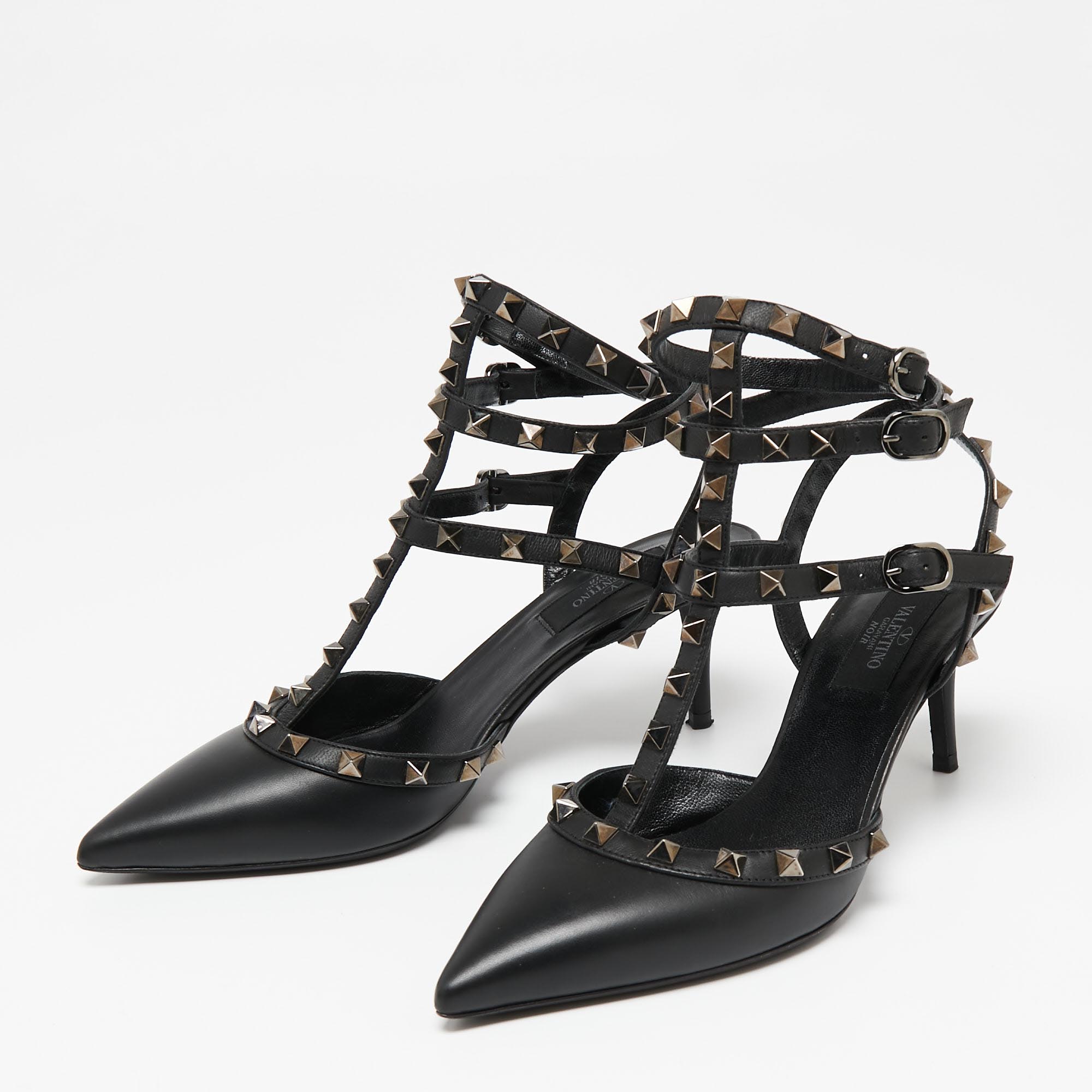 

Valentino Black Leather Rockstud Ankle Strap Sandals Size