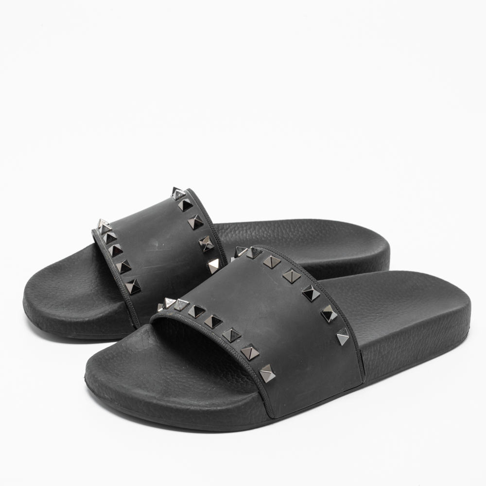 

Valentino Black Rubber Rockstud Flat Slide Sandals Size
