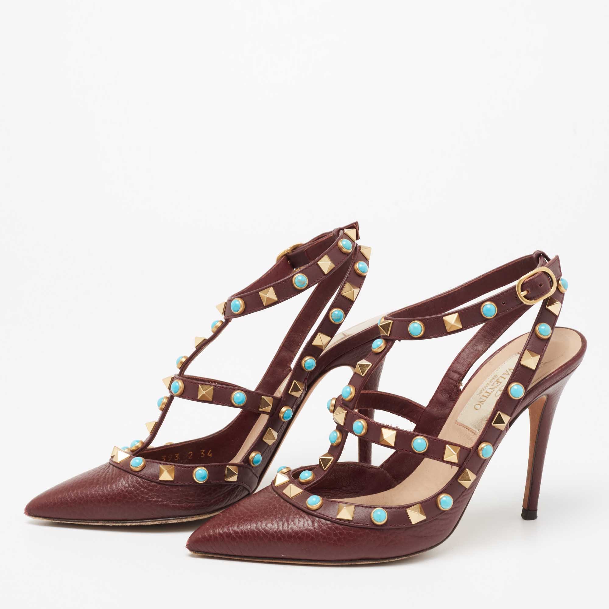 

Valentino Burgundy Leather Rolling Rockstud Strappy Sandals Size