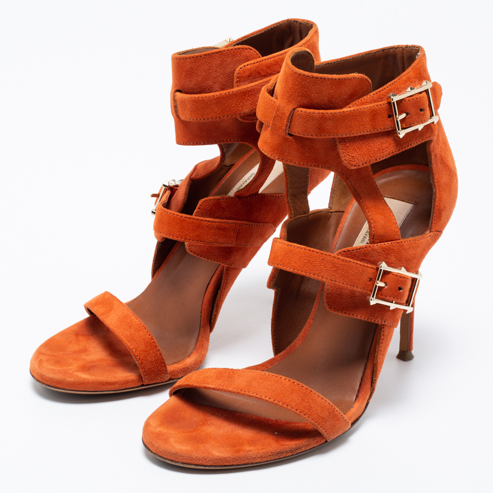 

Valentino Orange Suede Buckle Detail Ankle Wrap Sandals Size