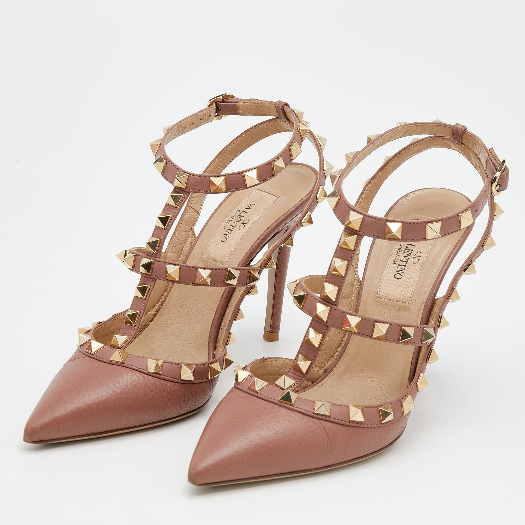 

Valentino Dark Beige Leather Rockstud Ankle Strap Sandals Size