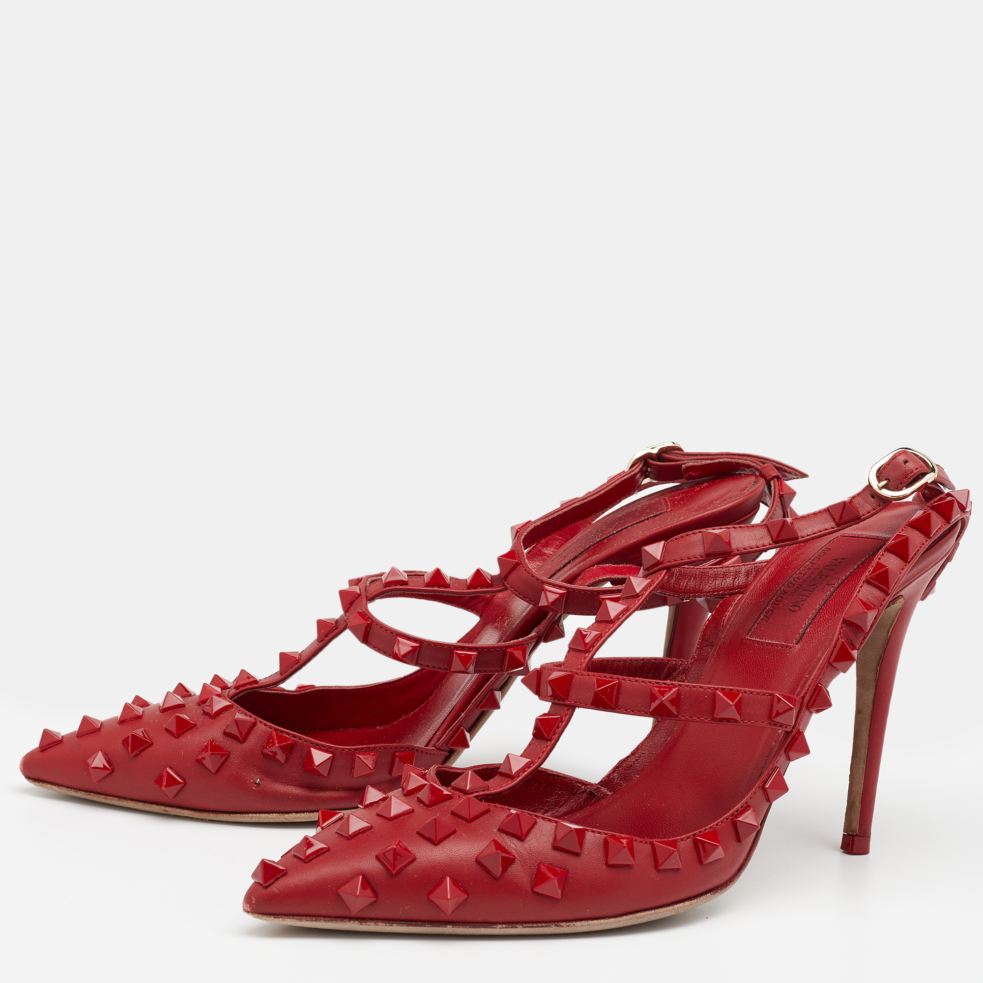 

Valentino Red Leather Rockstud Ankle Strap Sandals Size