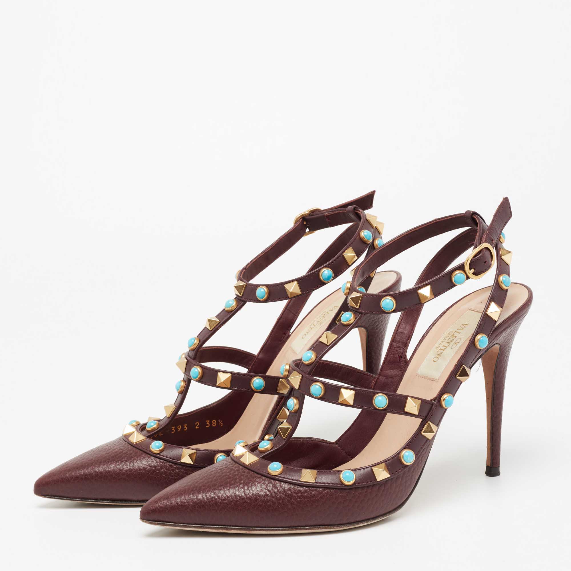 

Valentino Burgundy Leather Rolling Rockstud Pointed Toe Sandals Size
