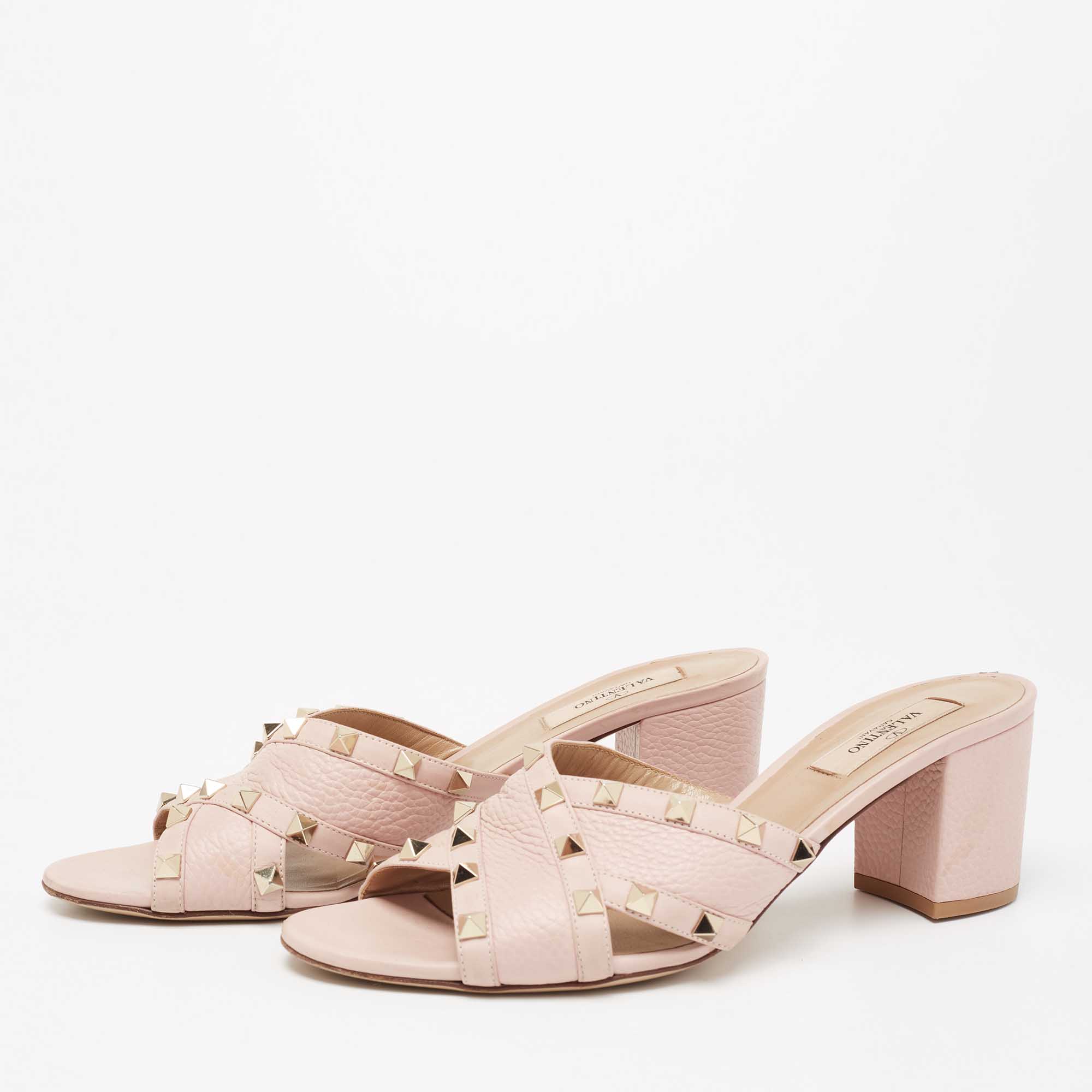 

Valentino Light Pink Leather Criss Cross Rockstud Block Heel Slide Sandals Size