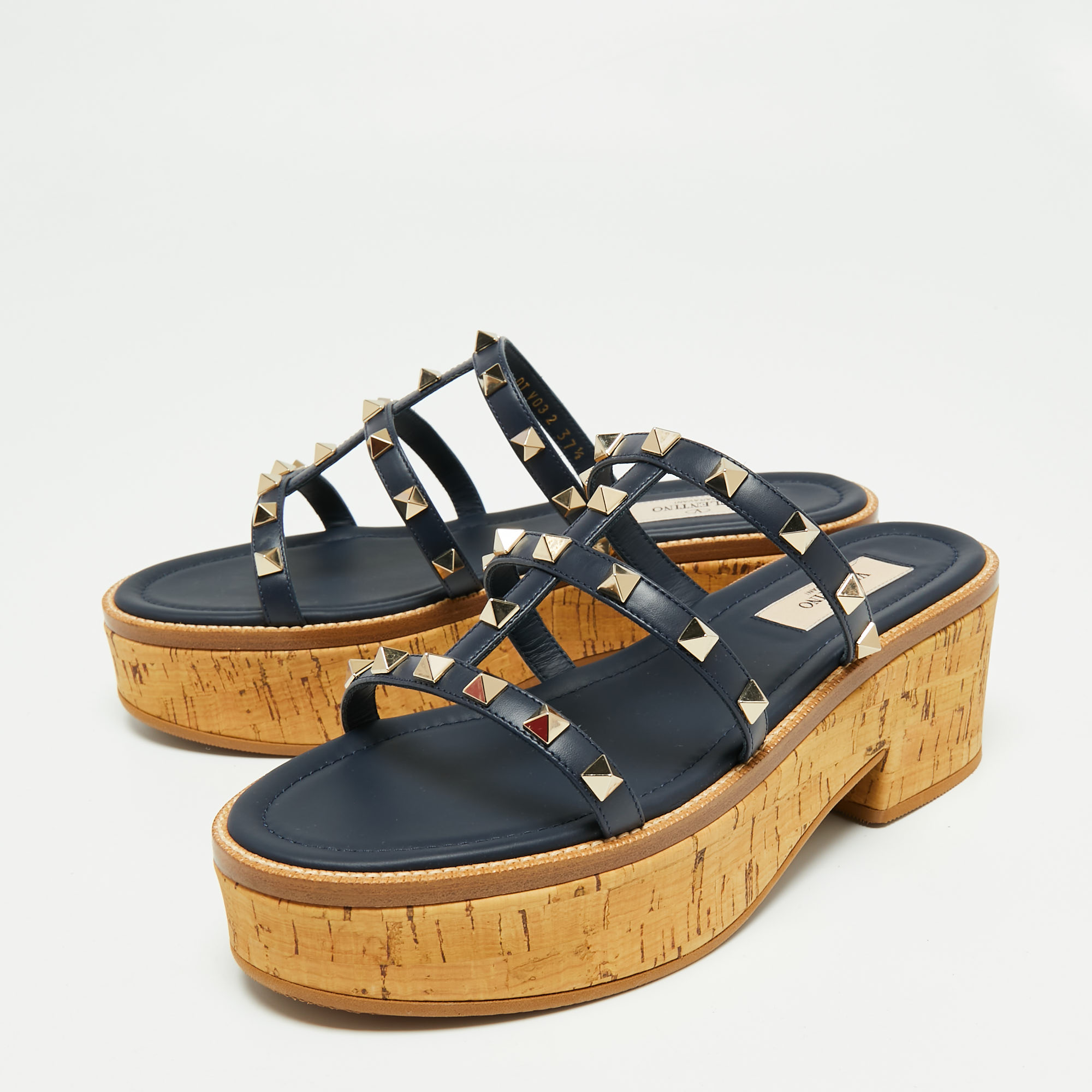 

Valentino Navy Blue Leather Rockstud Platform Slide Sandals Size