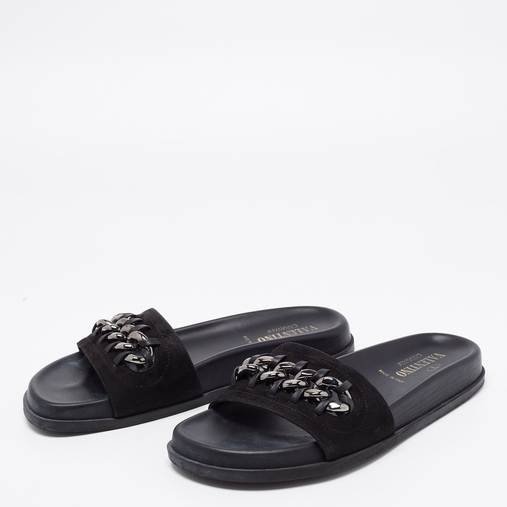 

Valentino Black Suede Chain Detail Flat Slides Size