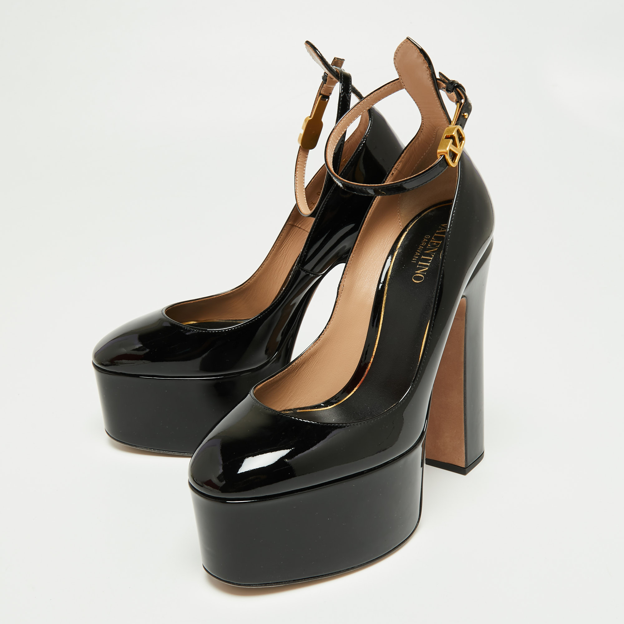 

Valentino Black Patent Leather Tan-Go Platform Pumps Size