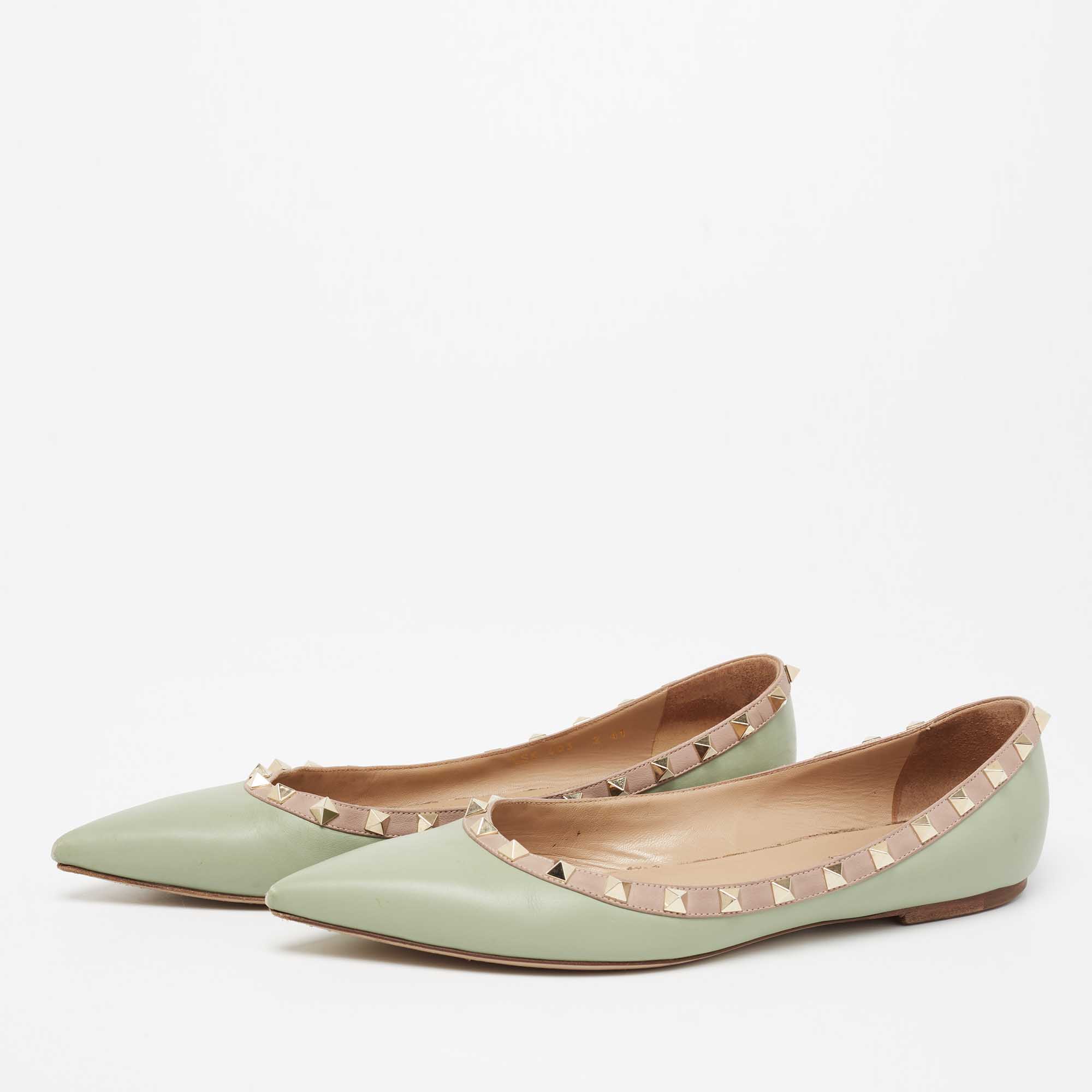 

Valentino Green/Beige Leather Studded Ballet Flats Size