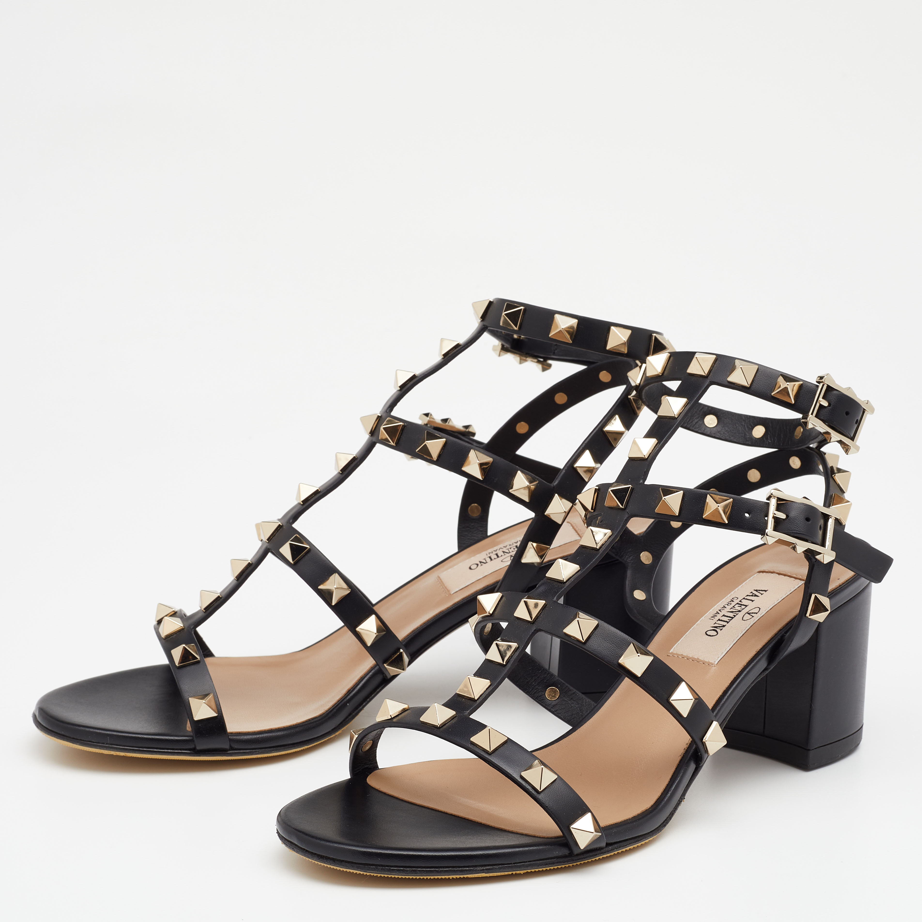 

Valentino Black Leather Rockstud Strappy Block Heel Sandals Size