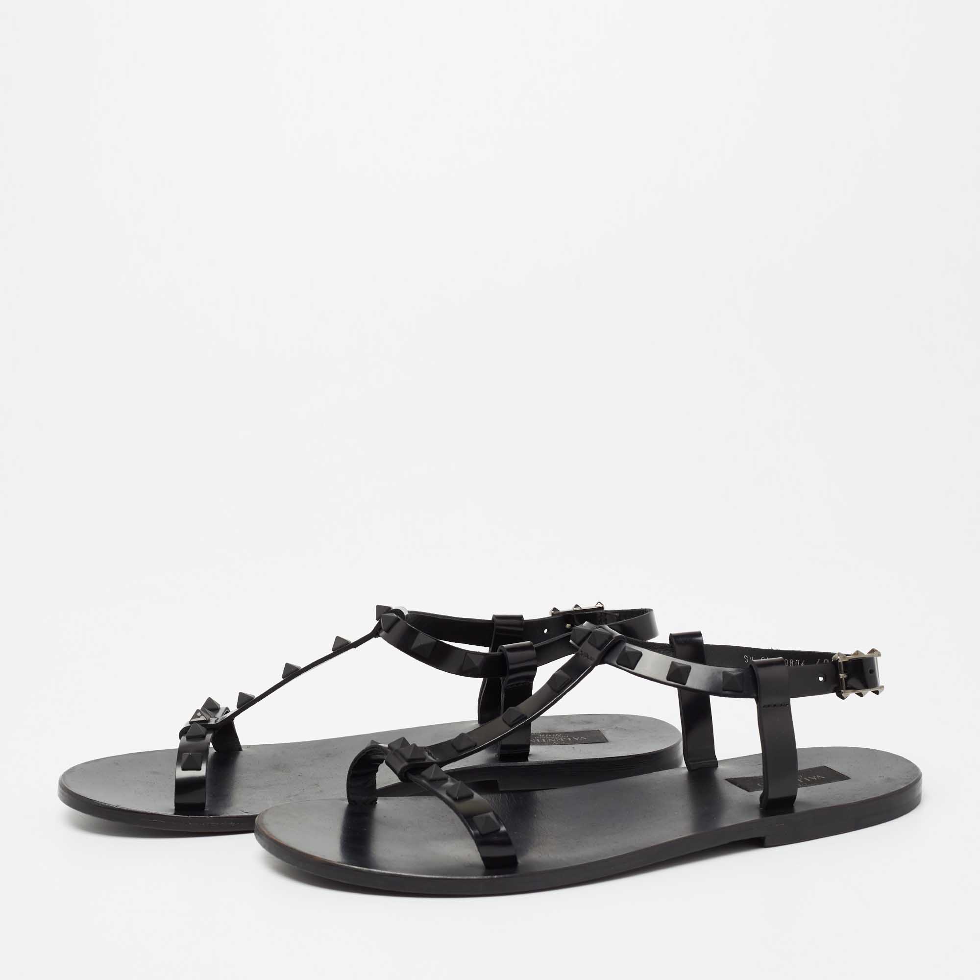 

Valentino Black Leather Rockstud T-Strap Flat Thong Sandals Size