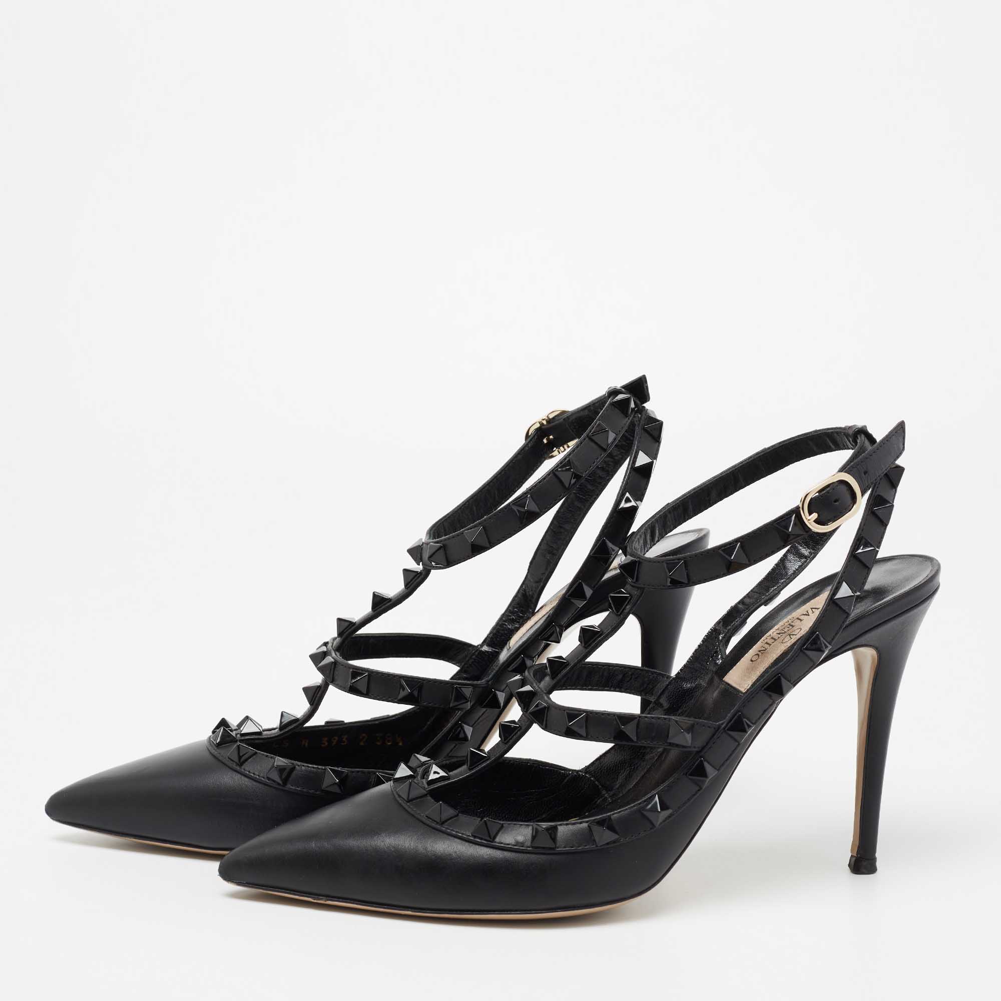 

Valentino Black Leather Rockstud Ankle-Strap Pumps Size