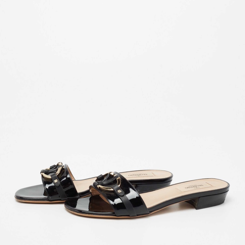 

Valentino Black Patent Leather V Logo Slide Sandals Size