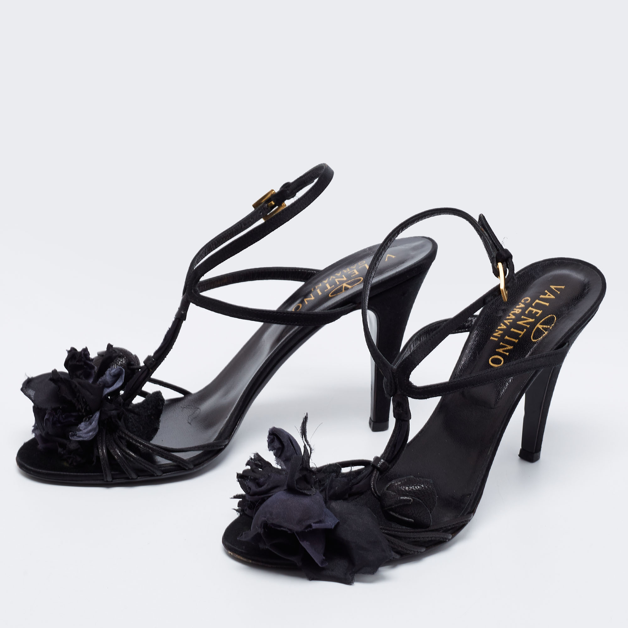 

Valentino Black Satin Flower Embellished Ankle Strap Sandals Size