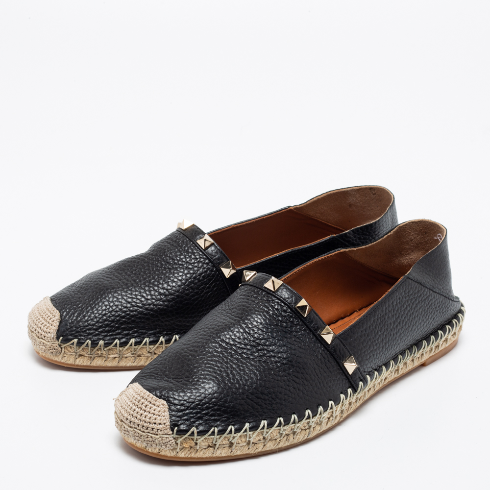 

Valentino Black Leather Rockstud Espadrille Flats Size