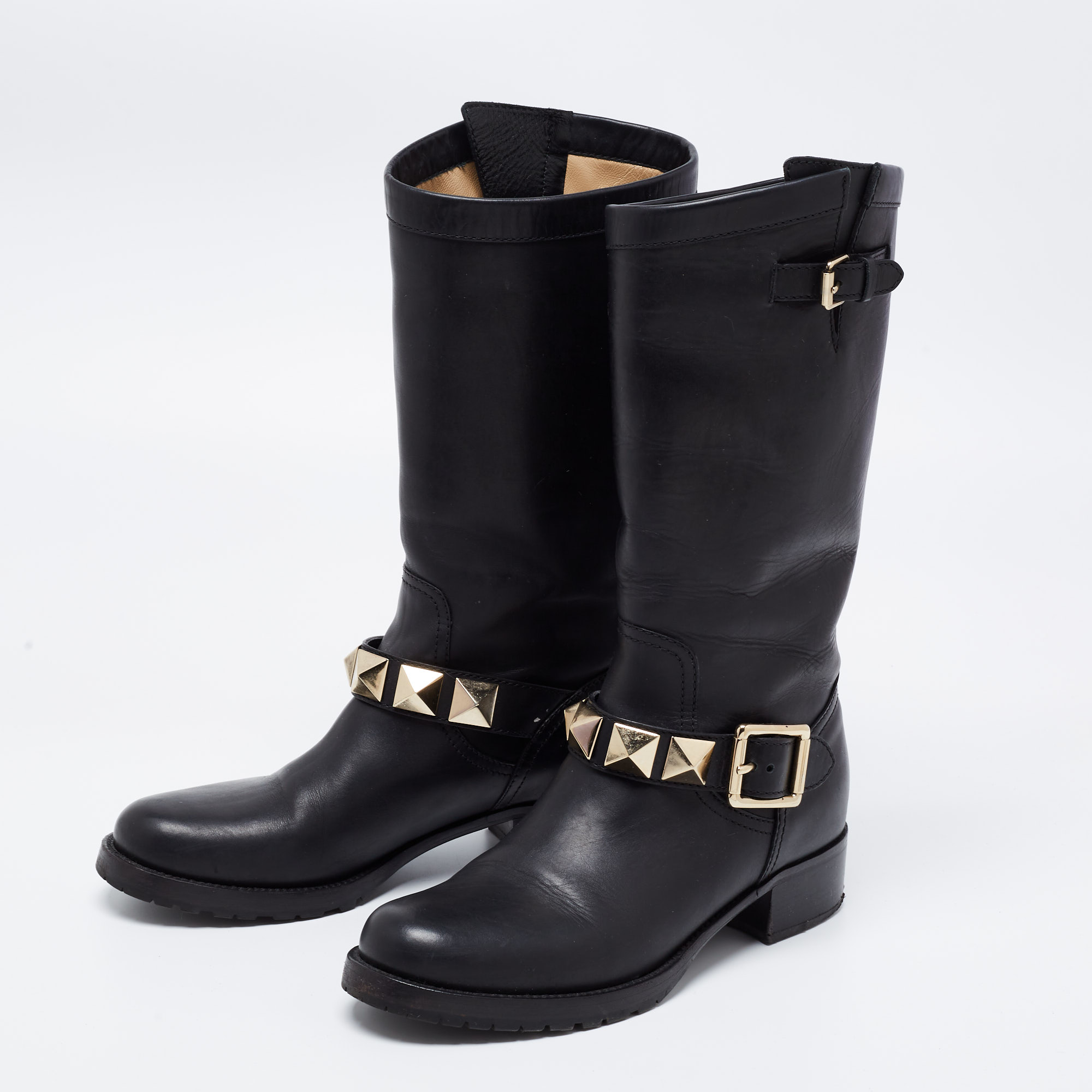 

Valentino Black Leather Studded Buckle Midcalf Boots Size