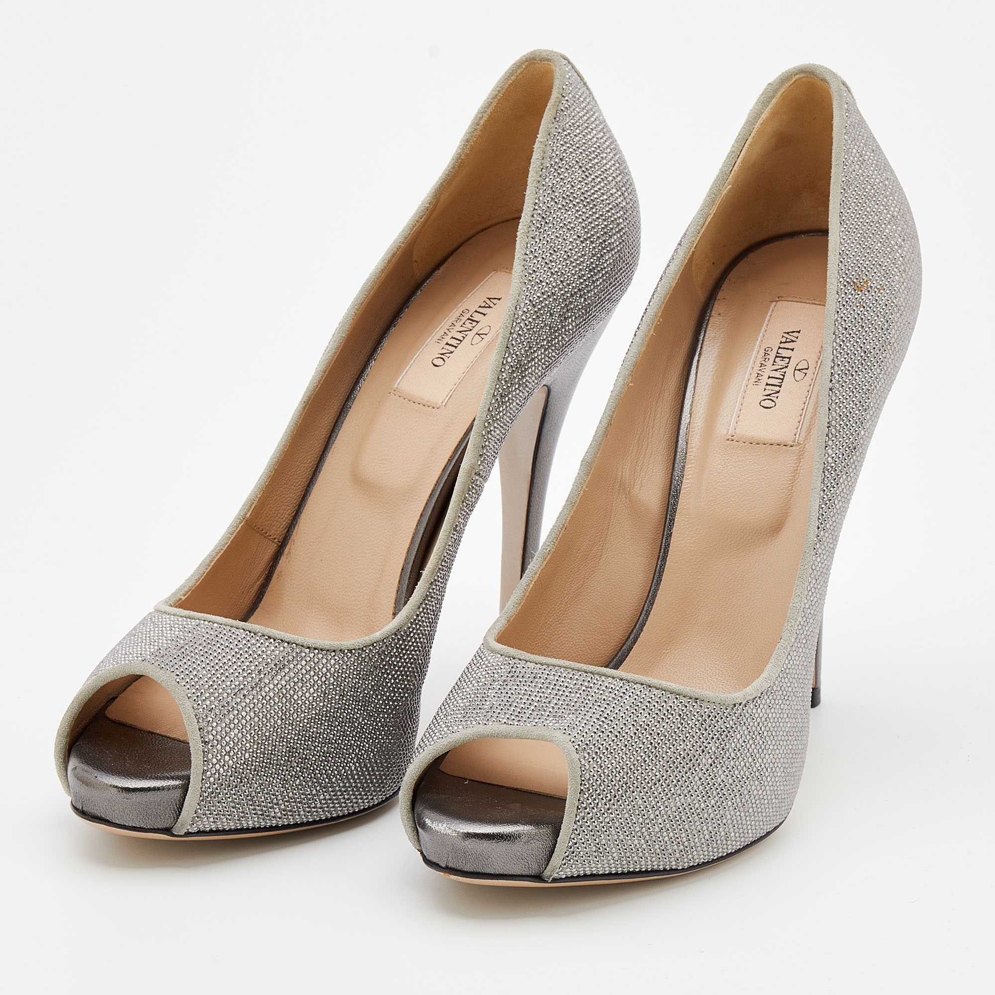 

Valentino Metallic Silver Studded Suede Peep Toe Pumps Size