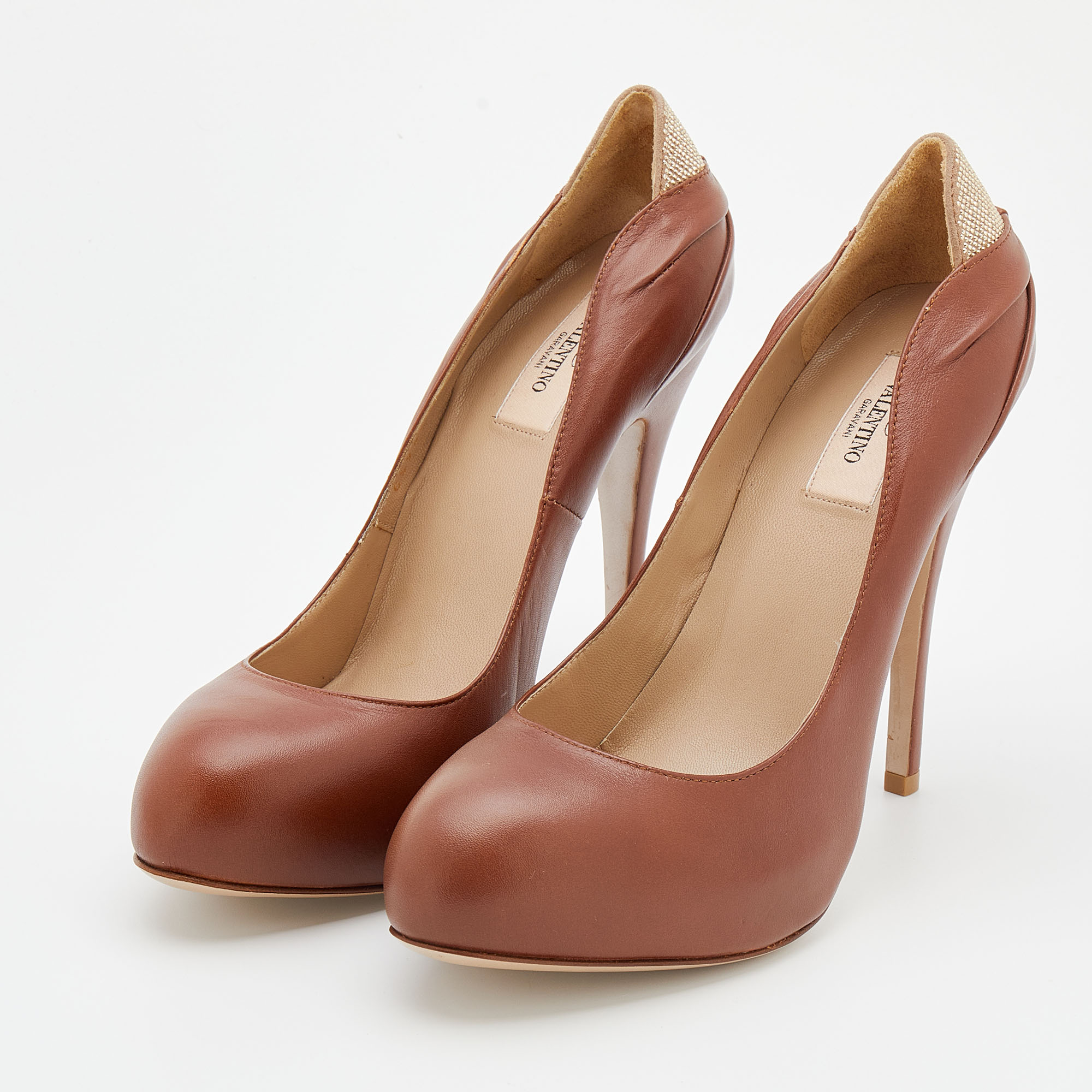 

Valentino Brown Leather Round Toe Platform Pumps Size