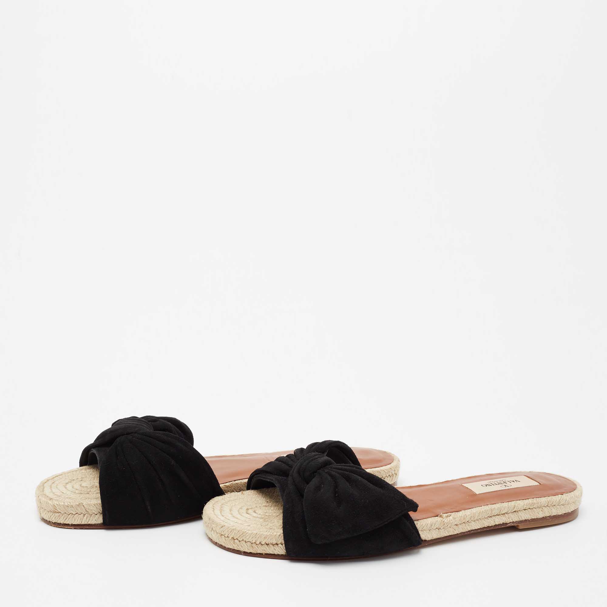 

Valentino Black Suede Bow Espadrille Flat Slides Size